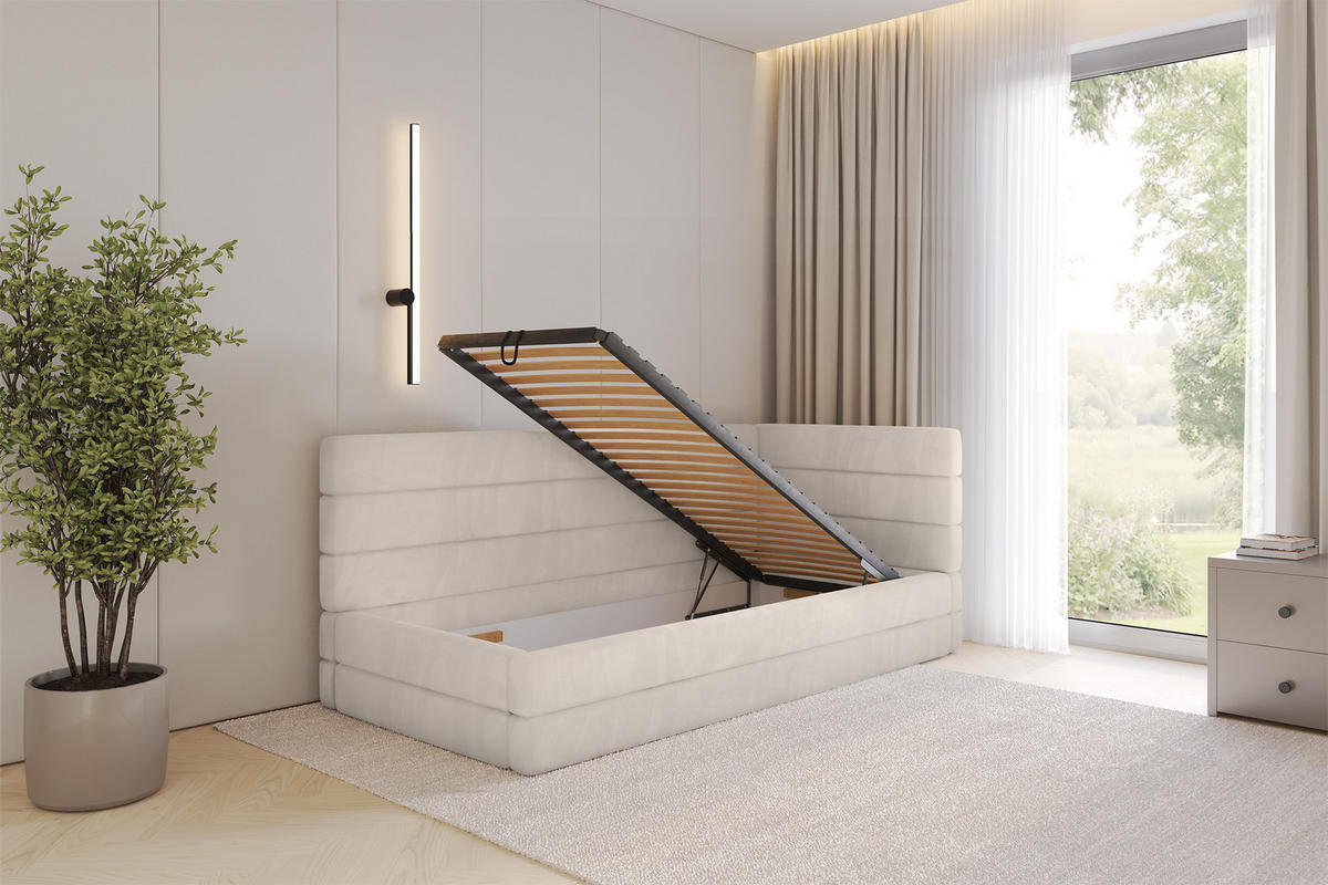 EINZELLBETT Jugendbett mit Bettkasten, Links - BEMY 90x200 Beige - Ecru, Holzwerkstoff/Textil (90/200cm) - ALTDECOR