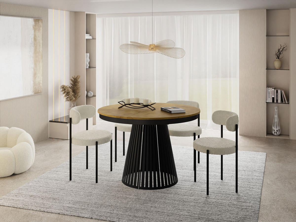 ESSTISCH Naro rund ausziehbar mit Schwarzem Lamellen-Metallgestell, Braun 120-200/120/76 cm - Eichefarben/Schwarz, Holzwerkstoff/Metall (120/120/76cm) - WFL GROUP