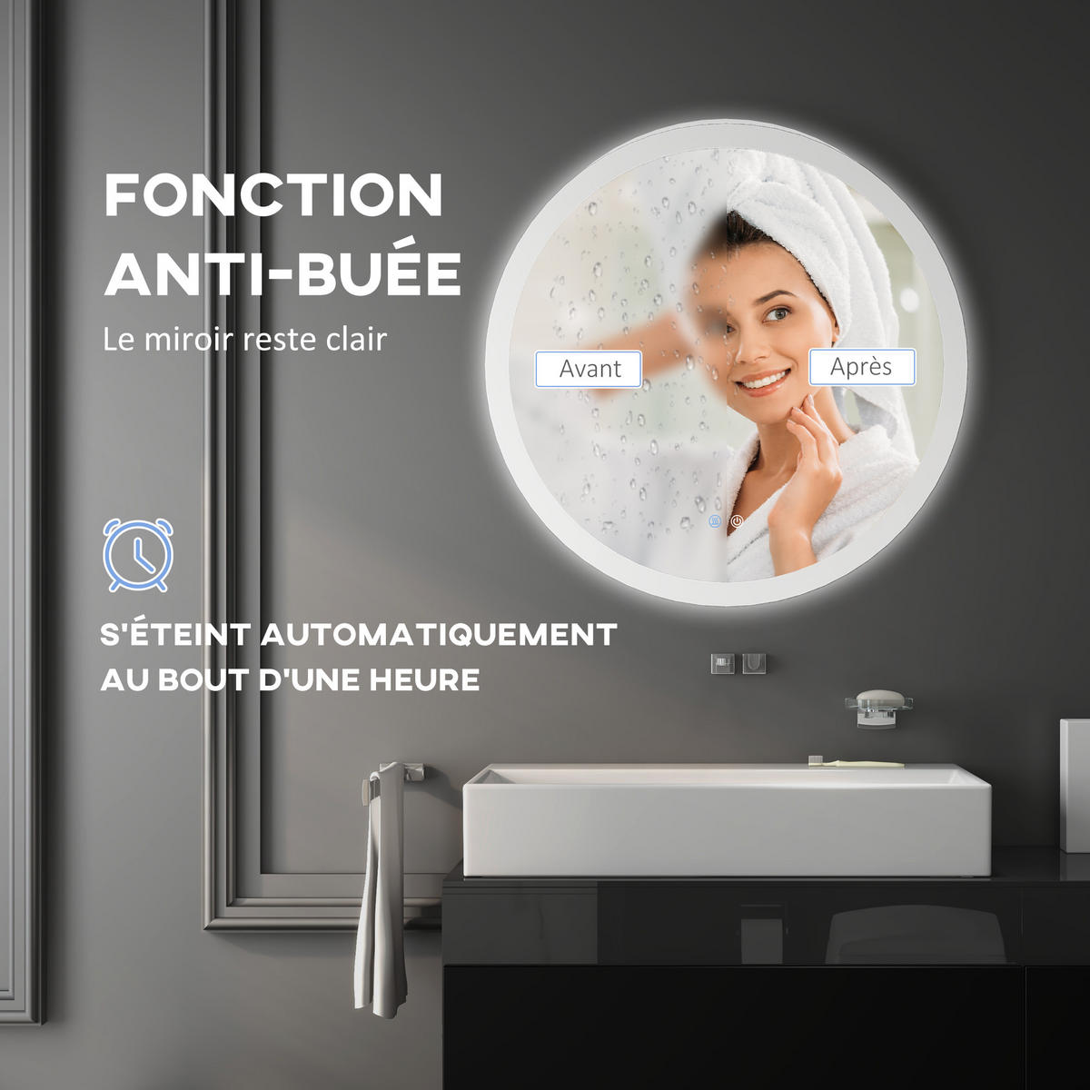BADEZIMMERSPIEGEL DE-15127 mit 3 LED-Farben und dimmbarer Helligkeit Grau - Silberfarben, Glas (60/3/60cm) - ComfortXL