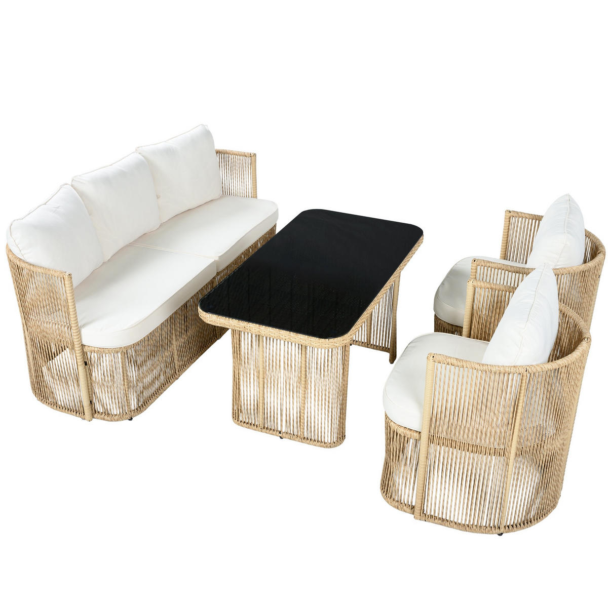 GARTENMÖBEL-SET 172,5/69/75 cm mit 3-Sitzer-Sofa, 2 Sesseln und Glastisch aus PE-Rattan, Beige/Schwarz/Weiß - Beige, Metall - Redom