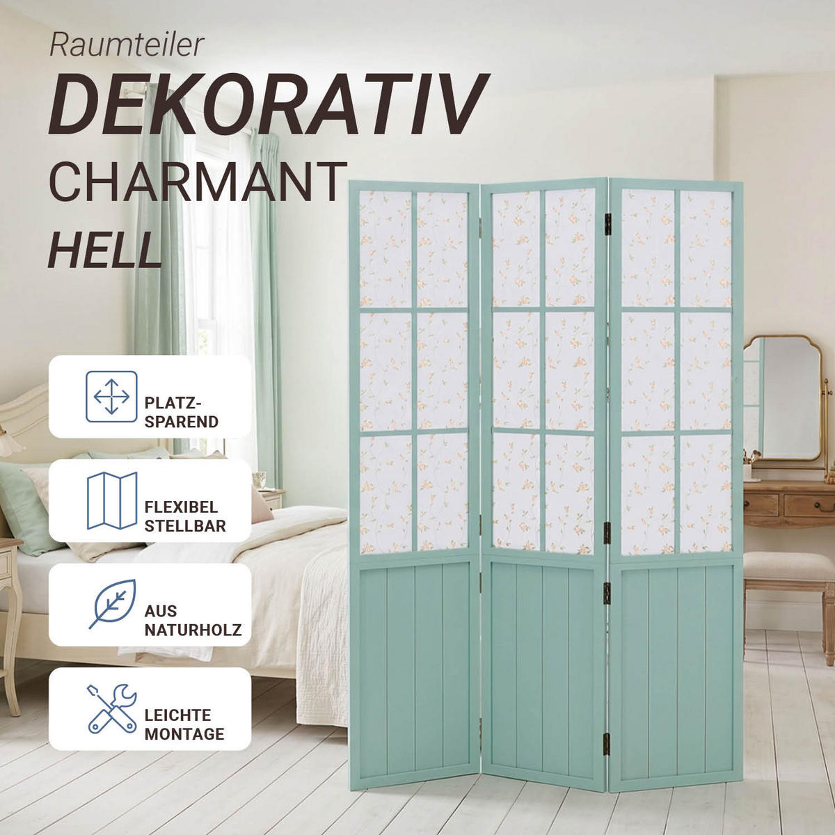 PARAVENT 3-tlg. 120/170 cm Türkis Landhausstil - Türkis, Holz (120/170/2cm) - Homestyle4u