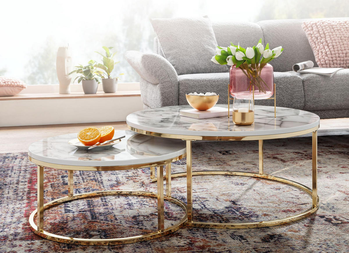 COUCHTISCH 2er Set Marmoroptik Metall Eichenholz Ineinanderschiebbar, Gold 80x80x36 cm - Goldfarben, Holz/Metall (80/80/36cm) - KADIMA DESIGN