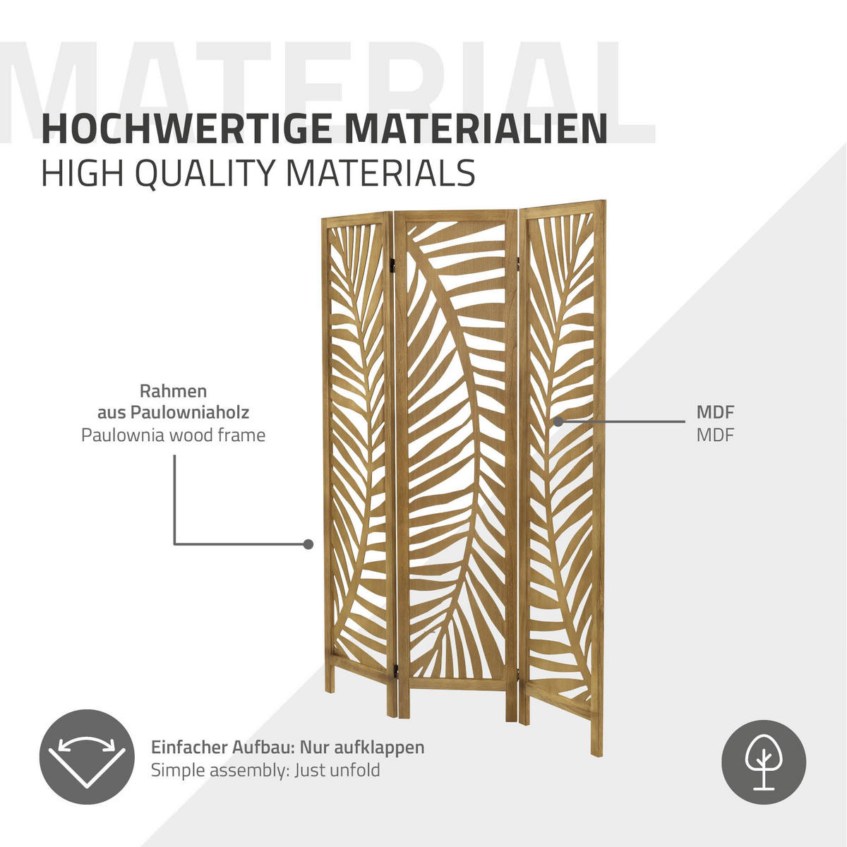 PARAVENT 3 teilig Fukuoka 170x121 cm Natur aus Holz - Beige, Holz (121/170/2cm) - ML-DESIGN