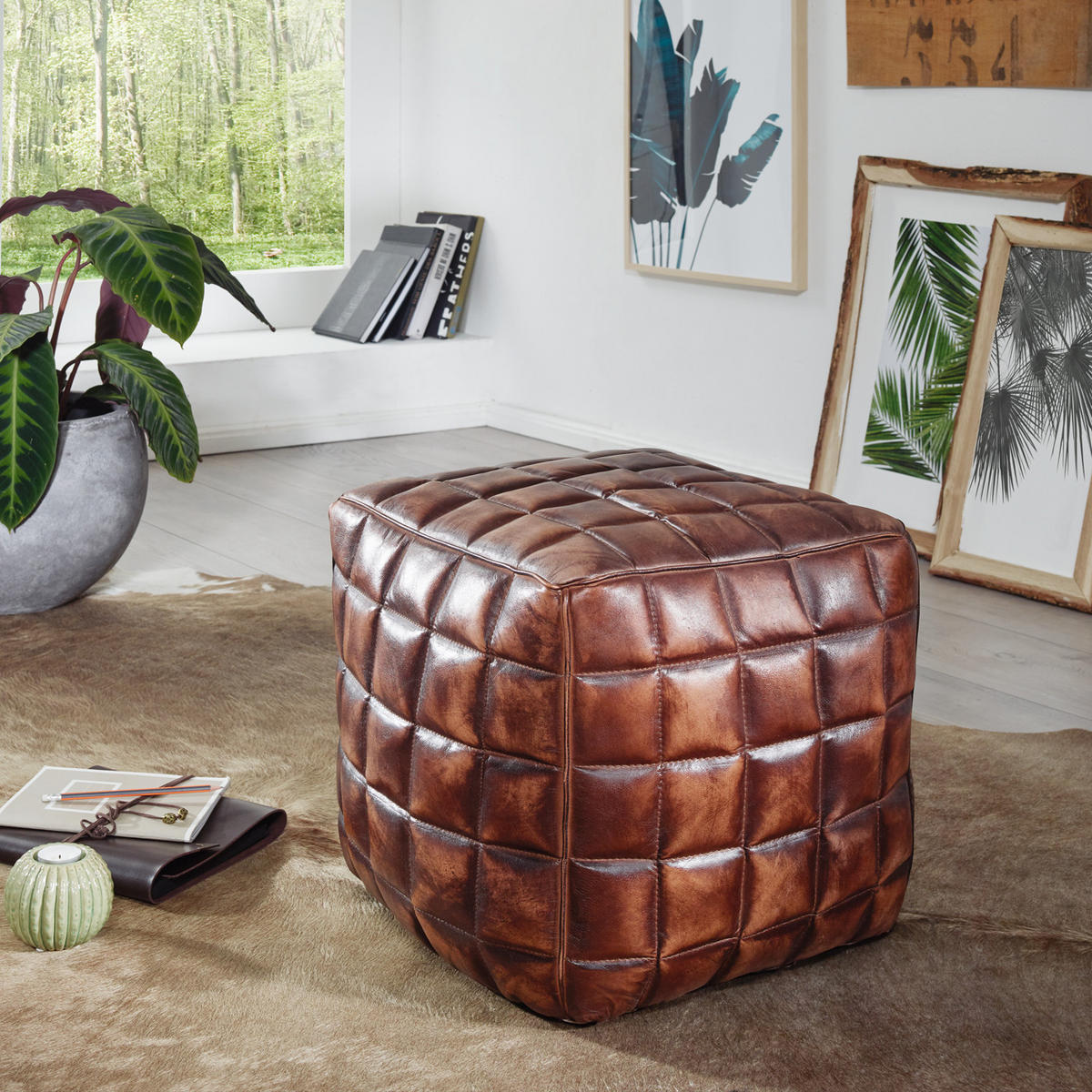SITZHOCKER – Echtleder, 41x39x39 cm, abgesteppte Quadrate, Used-Look - Braun, Leder (39/41/39cm) - KADIMA DESIGN