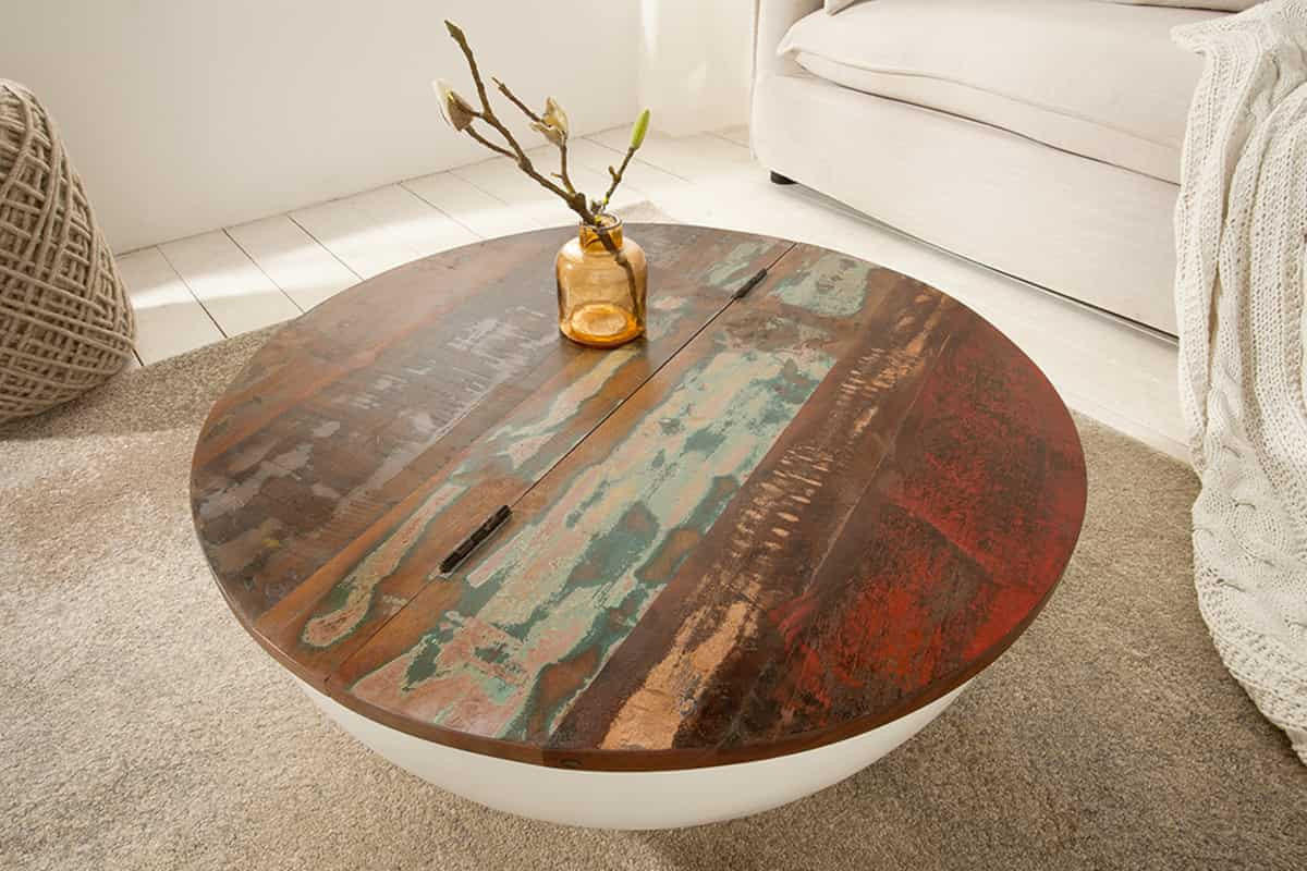 COUCHTISCH JAKARTA rund Mehrfarbig|Weiß 70cm - Goldfarben/Multicolor, Holz/Metall (70/70/33cm) - riess-ambiente