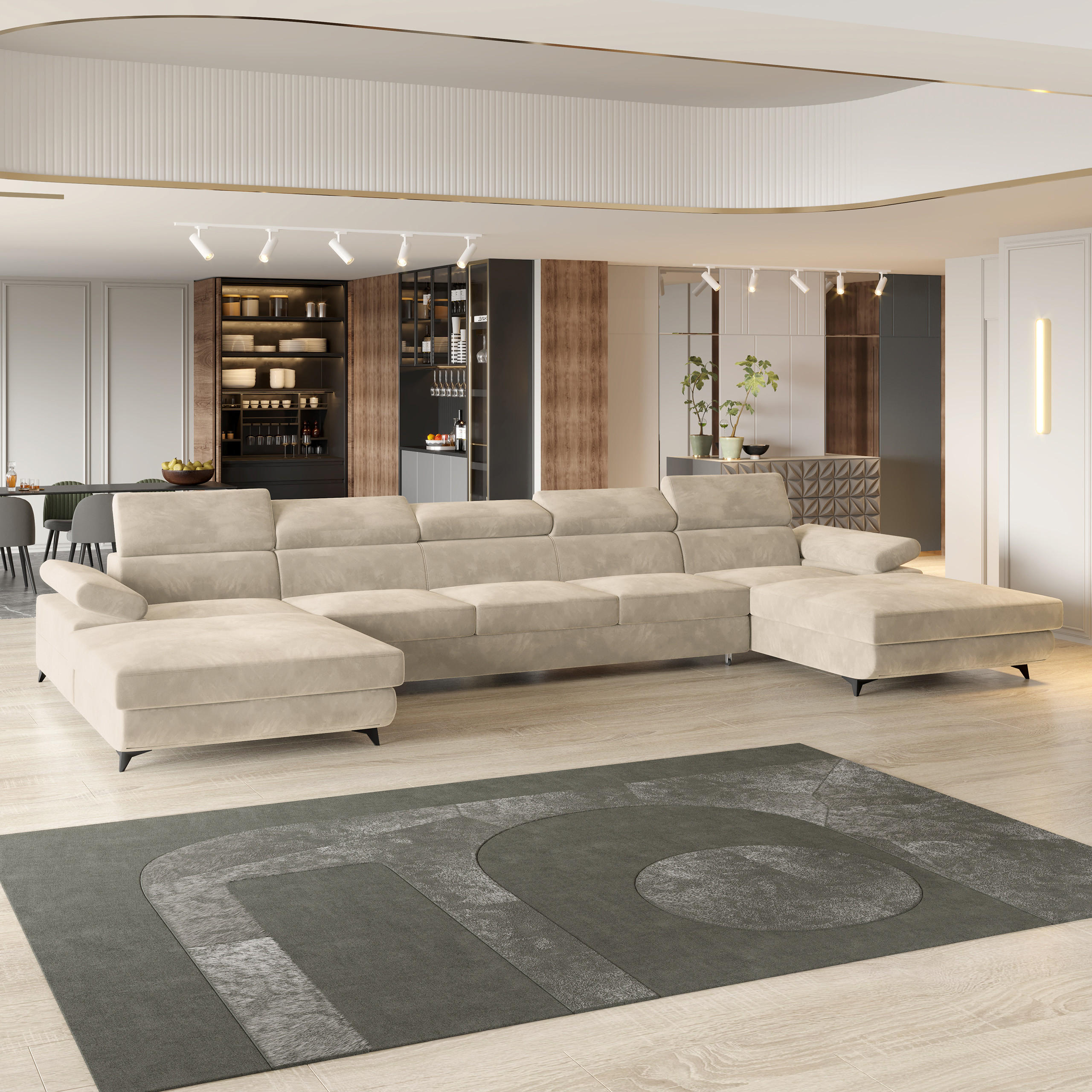 WOHNLANDSCHAFT VIVENTE Creme Velours-Stoff mit Schlaffunktion - Creme, Holz (410/89/190cm) - MASSENO