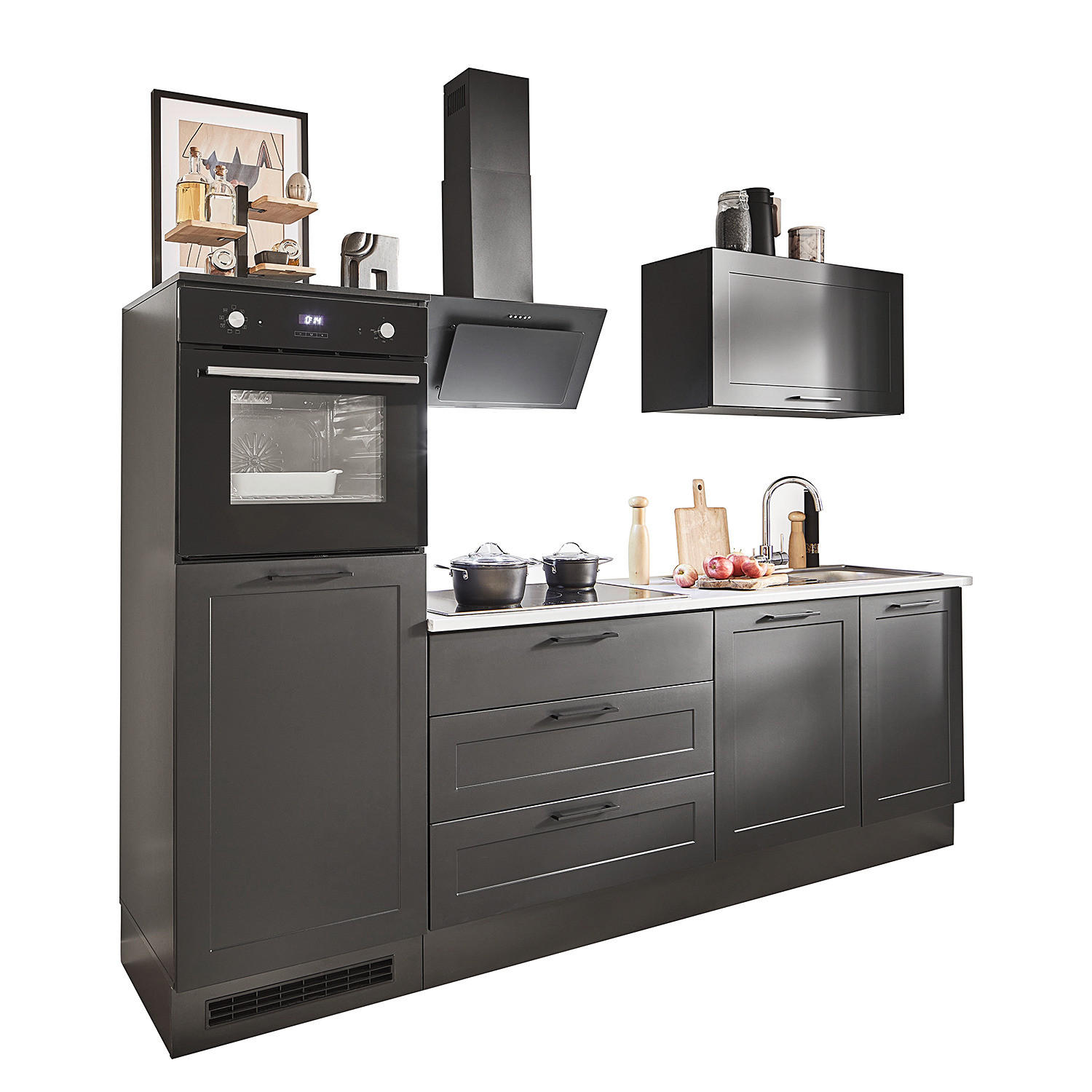 KÜCHENZEILE ohne Elektrogeräten - Matt Schwarz / Marmor Hell Dekor - 260 cm - Schwarz, Holzwerkstoff/Metall (260/195/60cm) - home24