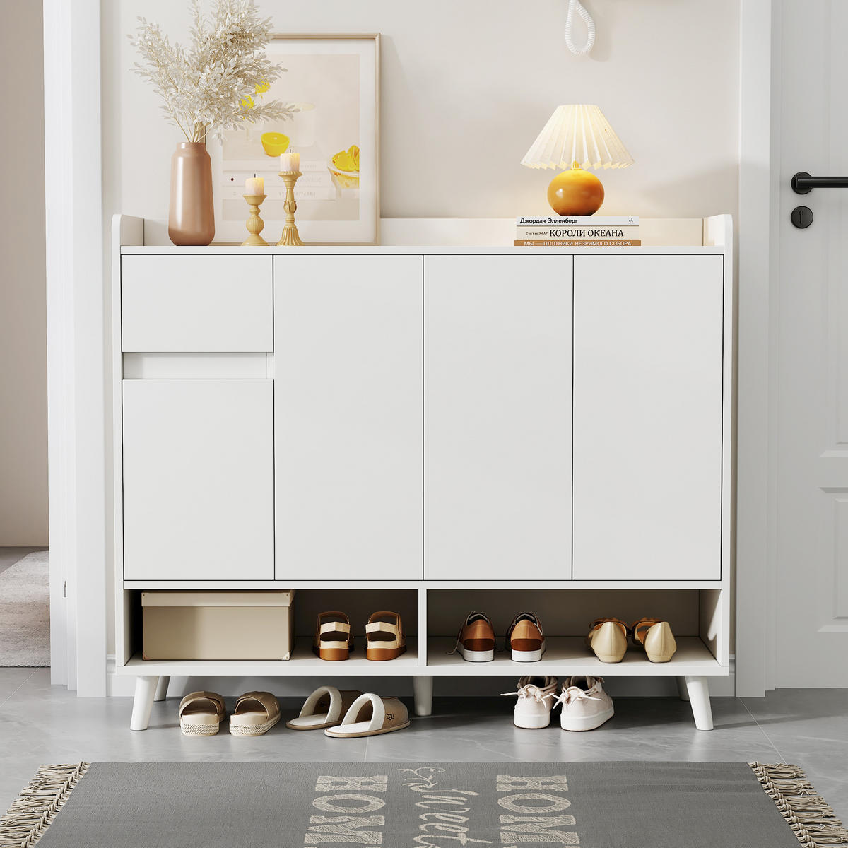 SIDEBOARD in Weiß Schuhschrank mit 4 Türen und 1 Schubladen für Esszimmer, Wohnzimmer oder Küche, B120/T35/H99cm - Weiß, Holzwerkstoff/Metall (120/99/35cm) - STILVORA