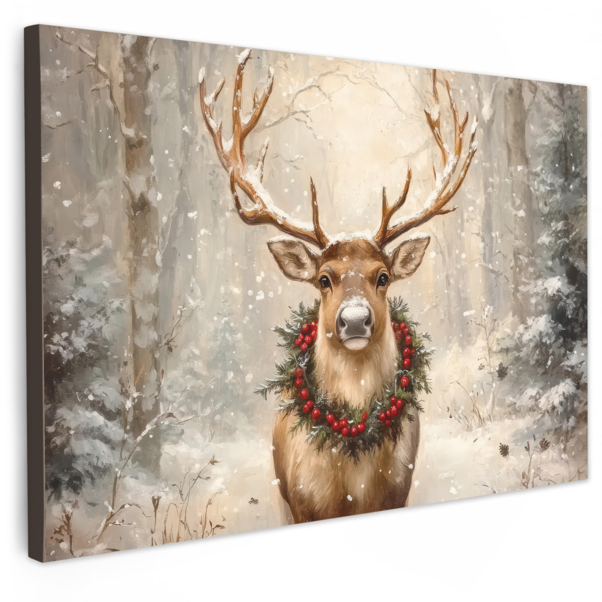 LEINWANDBILD Weihnachten - Rentier - Winter - Kranz Groß 140x90 cm - Naturfarben, Textil (140/90cm) - MuchoWow
