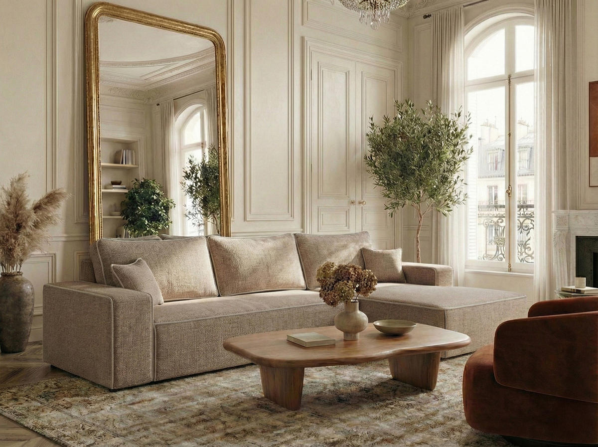 ECKSOFA MIT SCHLAFFUNKTION Modo Creme Chenille-Stoff - Rechts Seite - Beige/Schwarz, Holz/Holzwerkstoff (294/185cm) - Maison de Reve