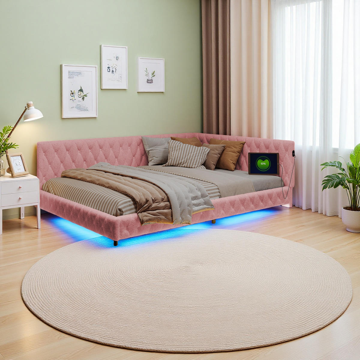 ČALÚNENÁ posteľ 140x200 ružová látka LED USB - pink, kompozitné drevo (140/200cm) - SHOPENTRA