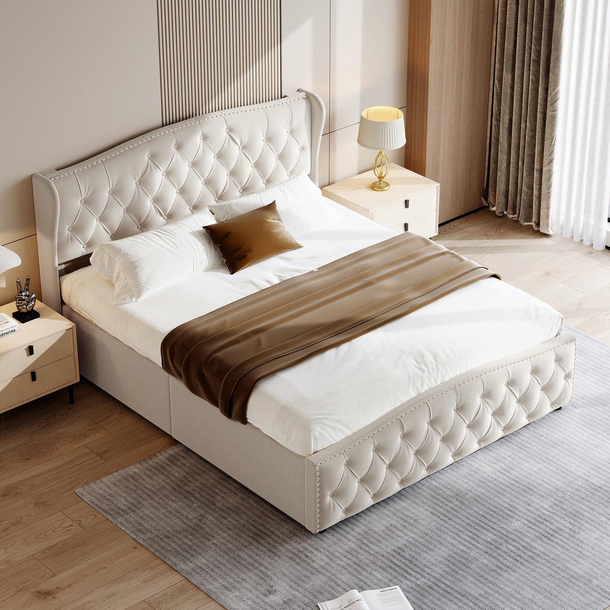 STAURAUMBETT 140x200 cm mit Bettkasten Samt Beige Doppelbett Stauraumbett - Beige, Holz (140/200cm) - PARAFTA HOME