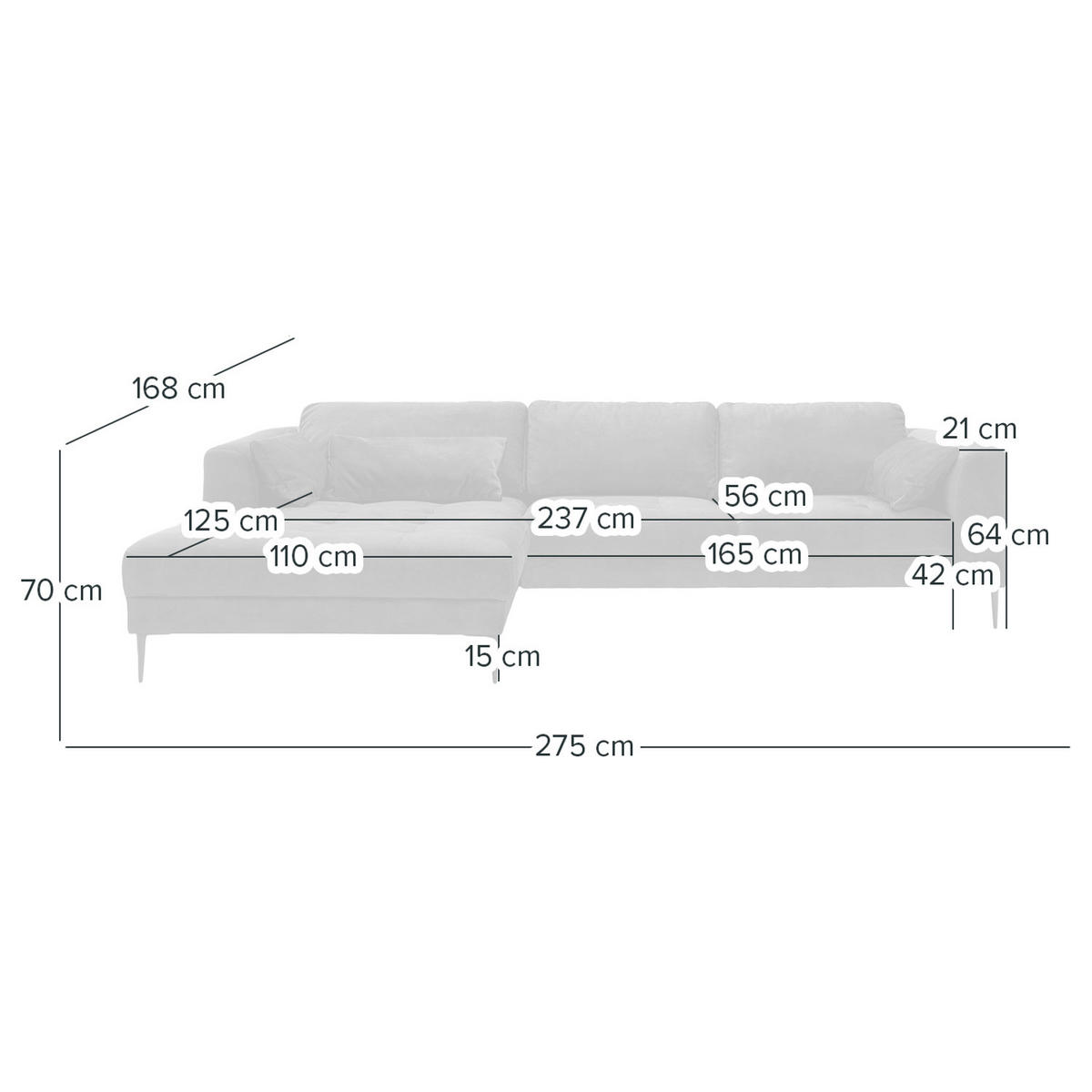 ECKSOFA mit Longchair - Hellgrau, Textil/Metall (275/168cm) - home24