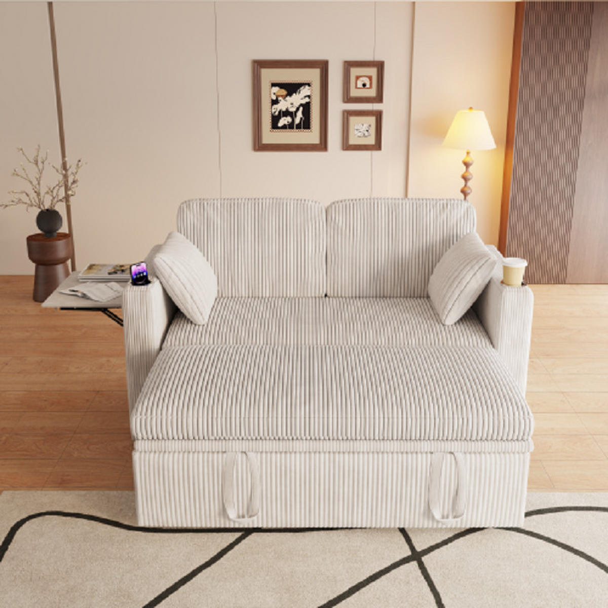 2-SITZER SCHLAFSOFA Cord Weiß mit Bettfunktion - Beige, Textil (145/85.5/132cm) - WISHDOR