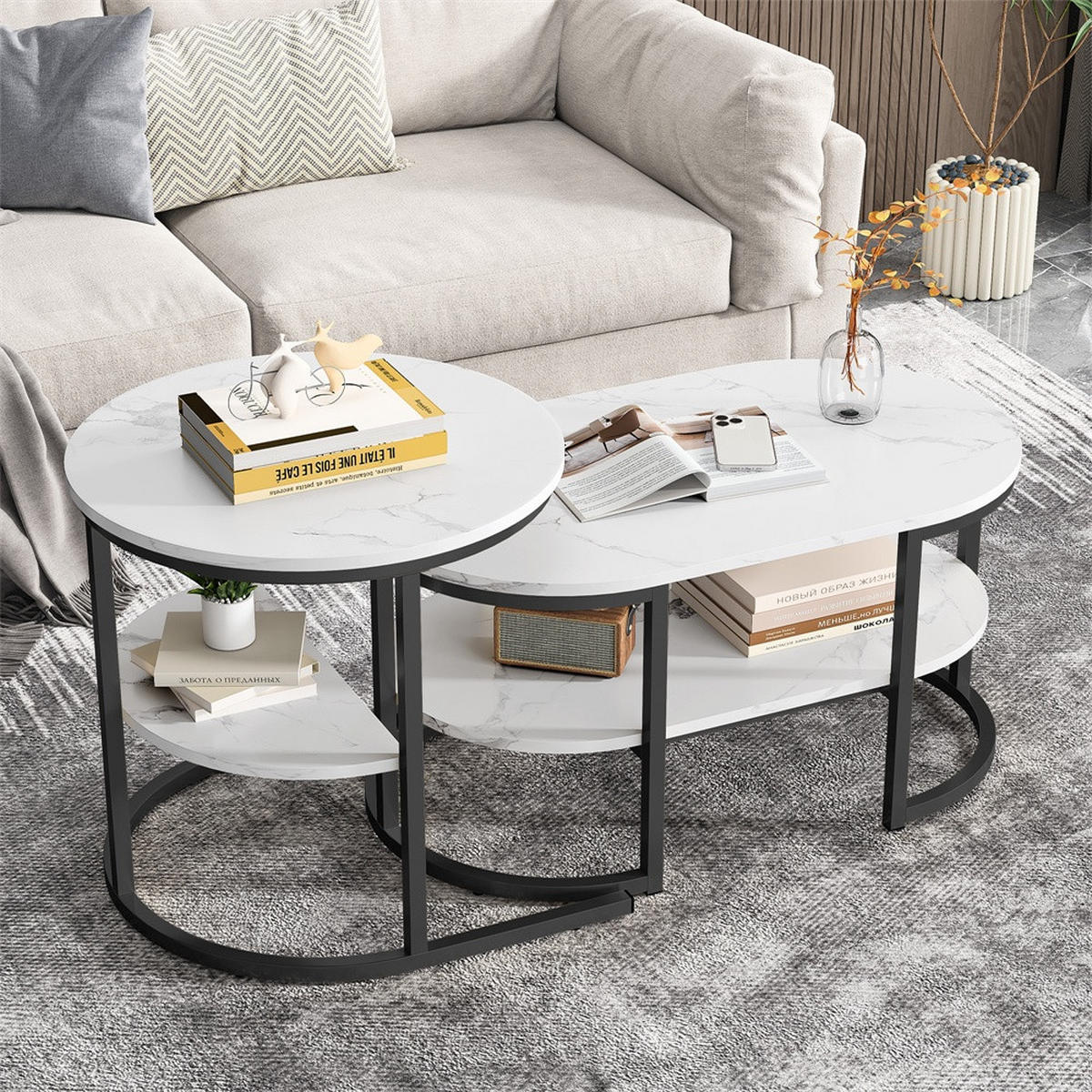 COUCHTISCH 2er-Set - Ovaler und Runder Couchtisch in Marmoroptik mit Ablage - Weiß und Schwarz - Schwarz, Holzwerkstoff (46/80/41cm) - DELFA