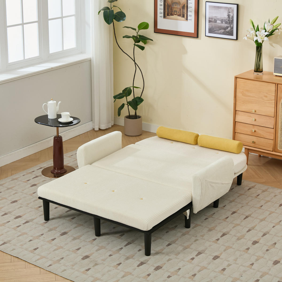 2-SITZER SCHLAFSOFA Cord Elfenbein mit 2 Kissen und Stauraum - Beige, Kunststoff/Textil (133.5/85/77cm) - WISHDOR