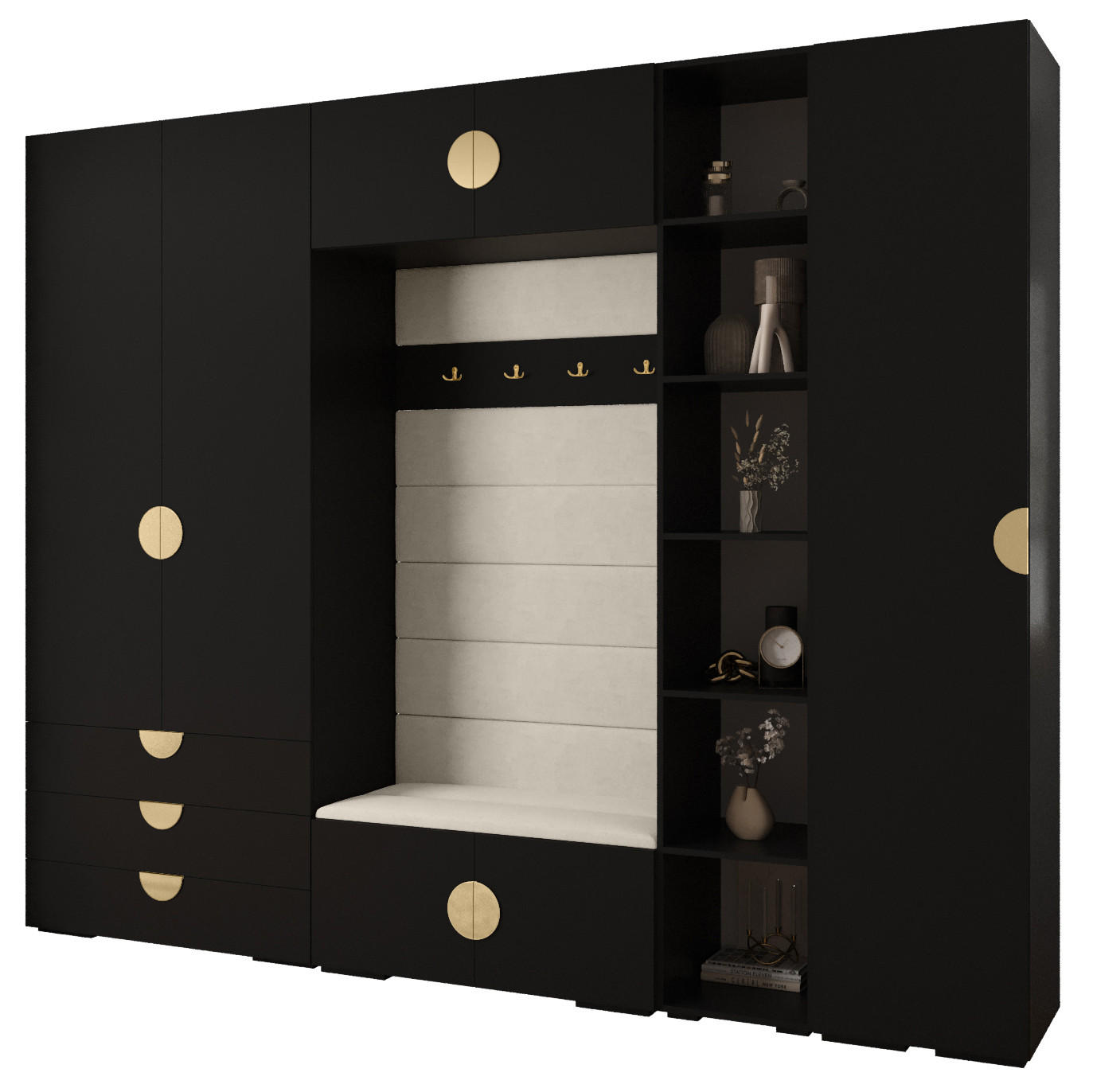 Abiks Möbel Garderoben-Set Schwarz, Beige, Gold 290x236.7x47 cm