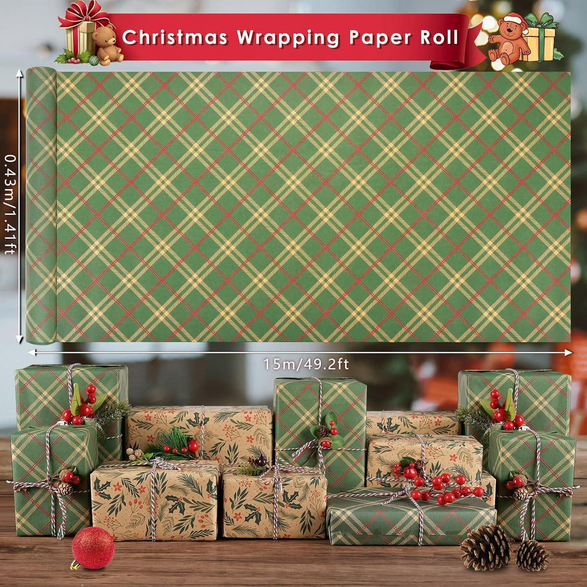 GESCHENKPAPIER 2-teiliges Set 43 cm x 15 m Kraft Vintage Weihnachten - Multicolor, Papier (8/4/43cm)