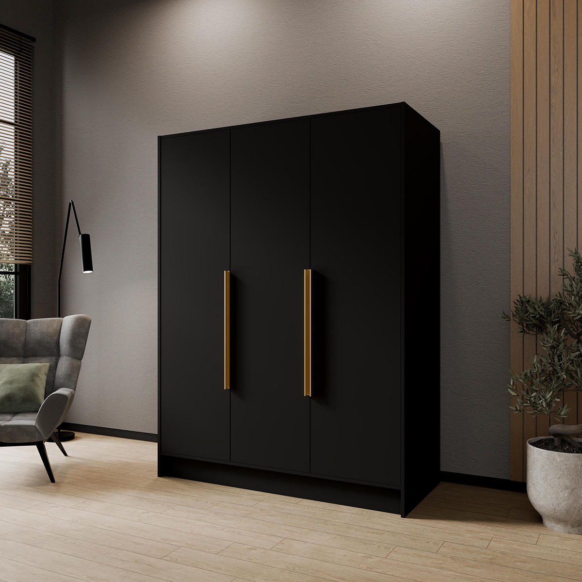 KLEIDERSCHRANK Mono Bis im Skandi-Stil, Drehtüren mit Goldene Metallgriffe, Schwarz 150/200/51 cm - Schwarz, Holzwerkstoff (150/200/51cm) - WFL GROUP