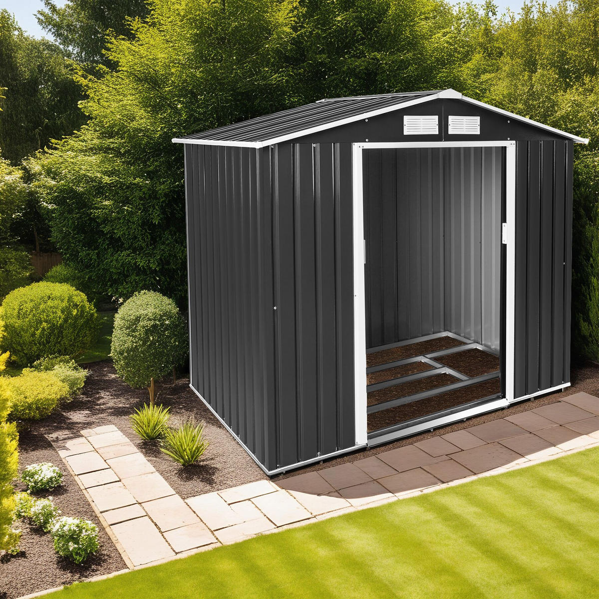 GARTENHAUS mit Satteldach, 214 x 130 x 185 cm, grau/weiß - Weiß/Grau, Metall (130/185/214cm) - tectake