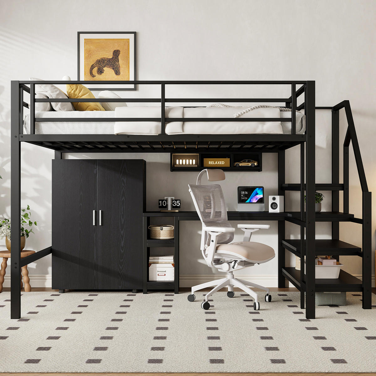 HOCHBETT 140/200 cm schwarz mit Kleiderschrank und integriertem Schreibtisch mit Matratze - Schwarz, Metall (140/200cm) - OKWISH