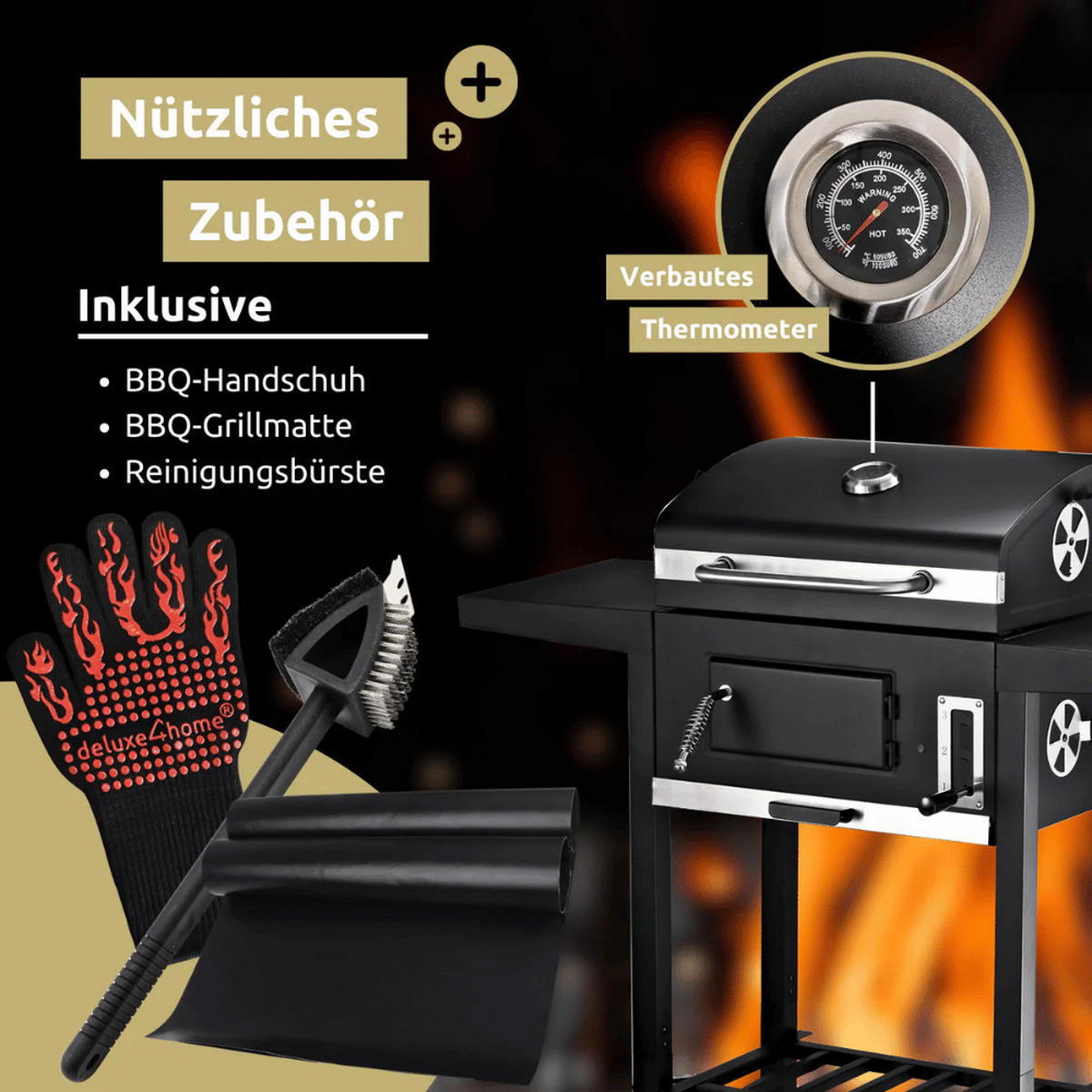 HOLZKOHLEGRILL mit Deckel OLLI Grillwagen Edelstahl-Griff - Schwarz, Metall (105/96/50cm) - DELUKE