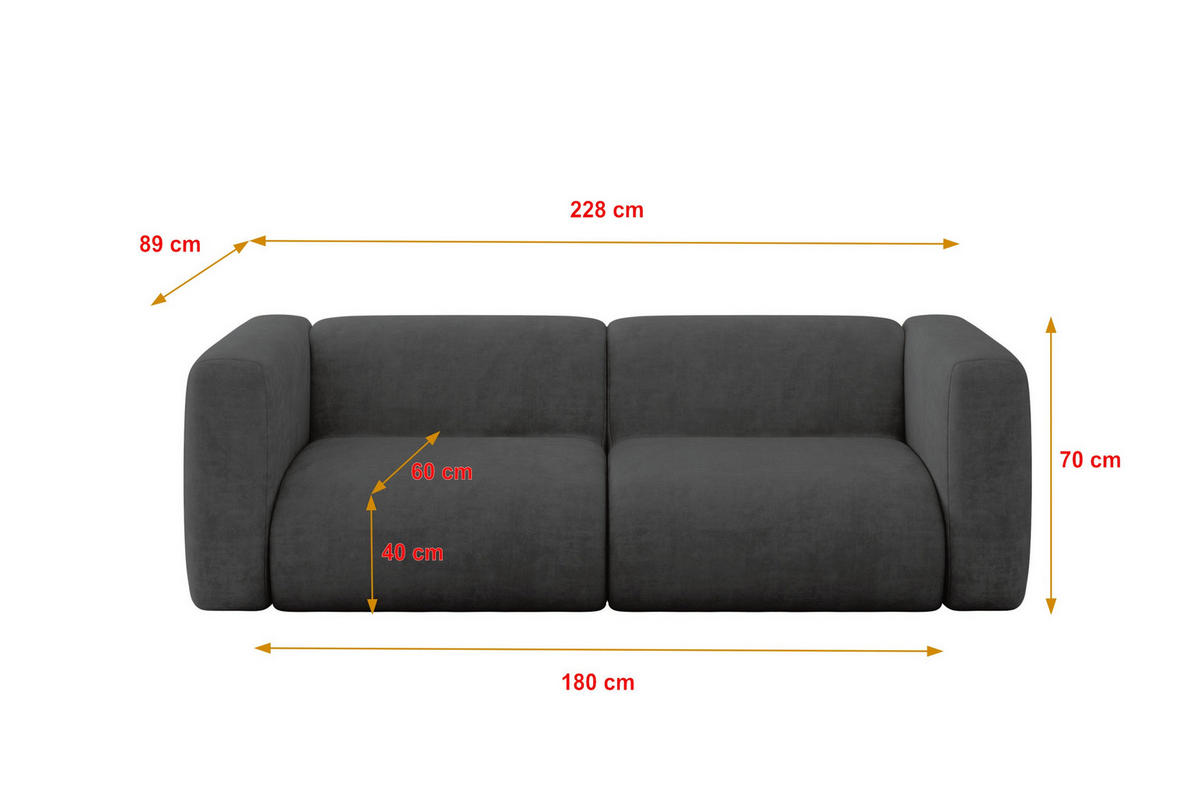 MODULARES Sofa 2-SITZER MIRA-S1 228x89x70 Dunkelgrau cm Velours - Dunkelgrau/Schwarz, Holzwerkstoff/Kunststoff (228/70/89cm) - ALTDECOR