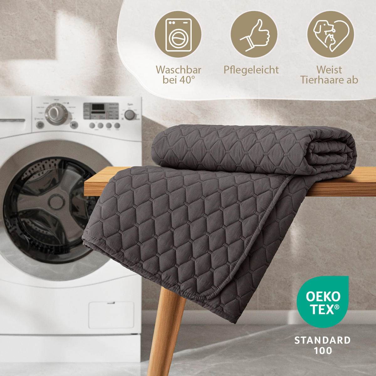 TAGESDECKE 220x240 cm, waschbarer Sofa- & Couchüberwurf, Dunkelgrau - Dunkelgrau, Textil (220/240cm) - Blumtal