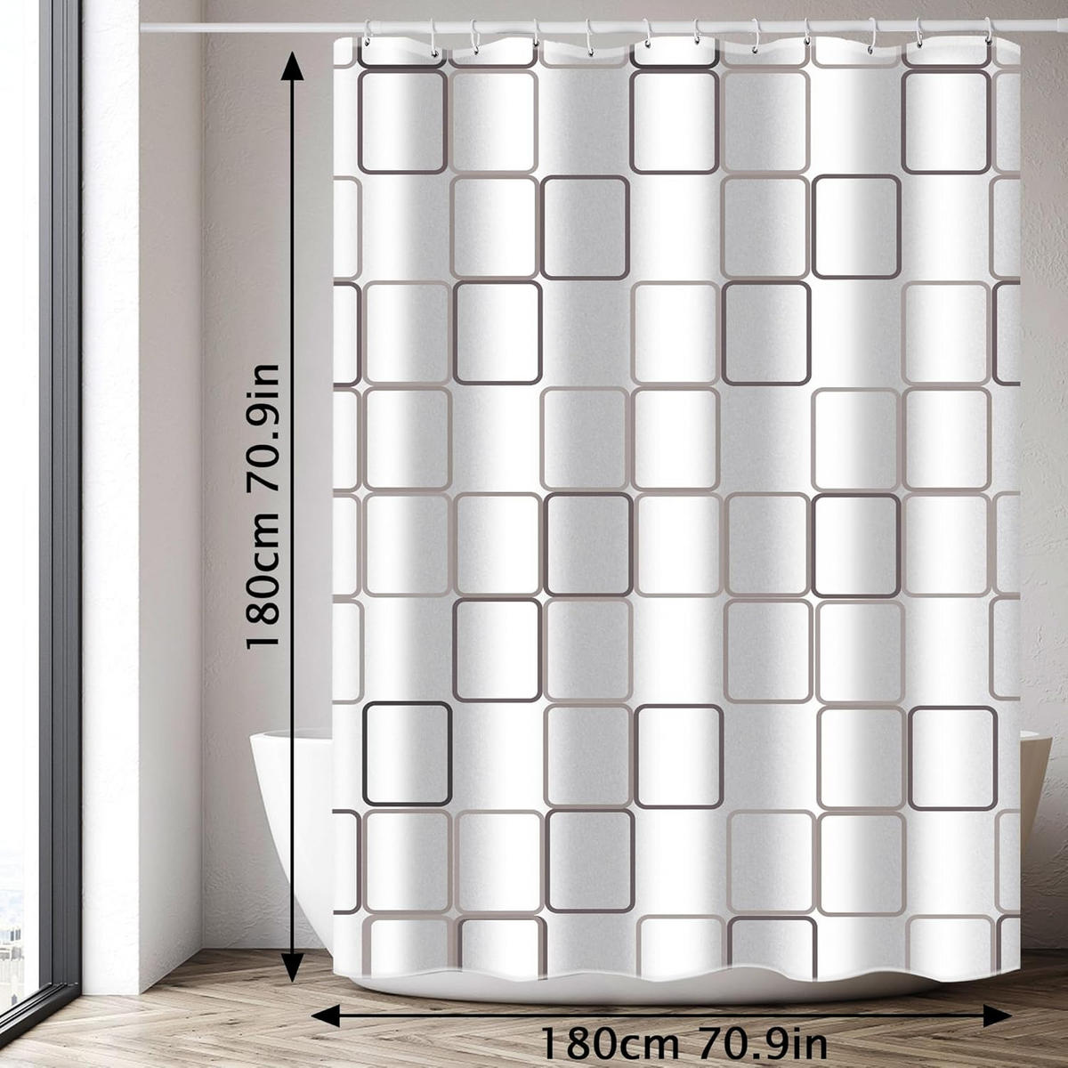 DUSCHVORHANG Weiß Karo Polyester wasserdicht maschinenwaschbar Badezimmer mit Haken - Weiß, Kunststoff (180/180cm) - MCBOSON