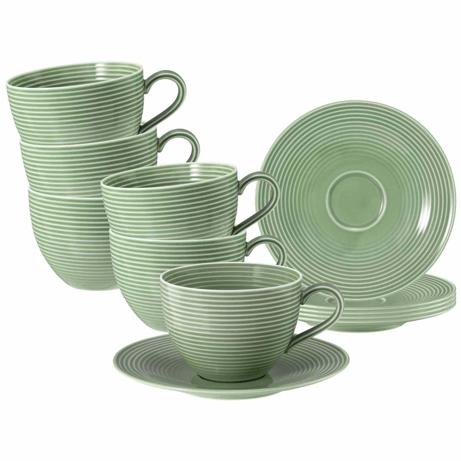 MILCHKAFFEETASSEN MIT UNTERTASSEN Beat Color Glaze Salbeigrün 350 ml 6er Set - Grün, Keramik (16.7/9.3/16.7cm) - Seltmann Weiden
