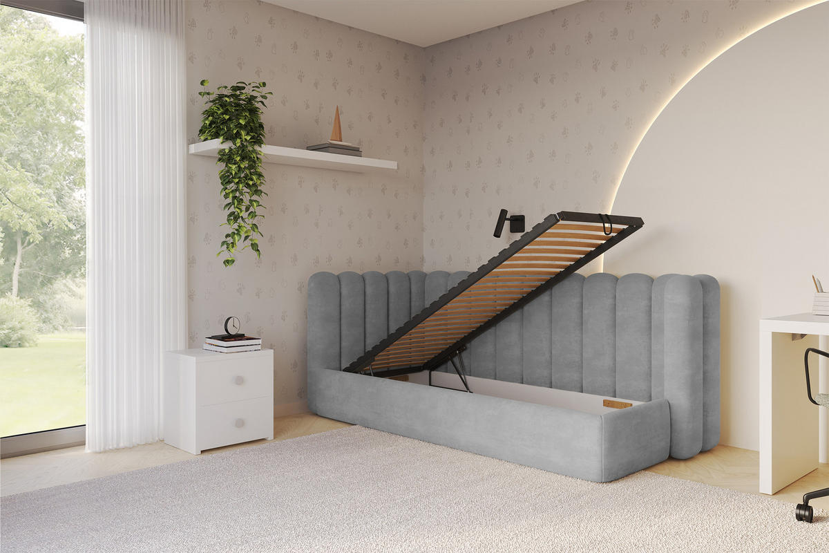 EINZELLBETT Jugendbett mit Bettkasten und Matratze H3/H4, Rechts - HUGY 100x200 Grau - Silberfarben, Holzwerkstoff/Textil (100/200cm) - ALTDECOR