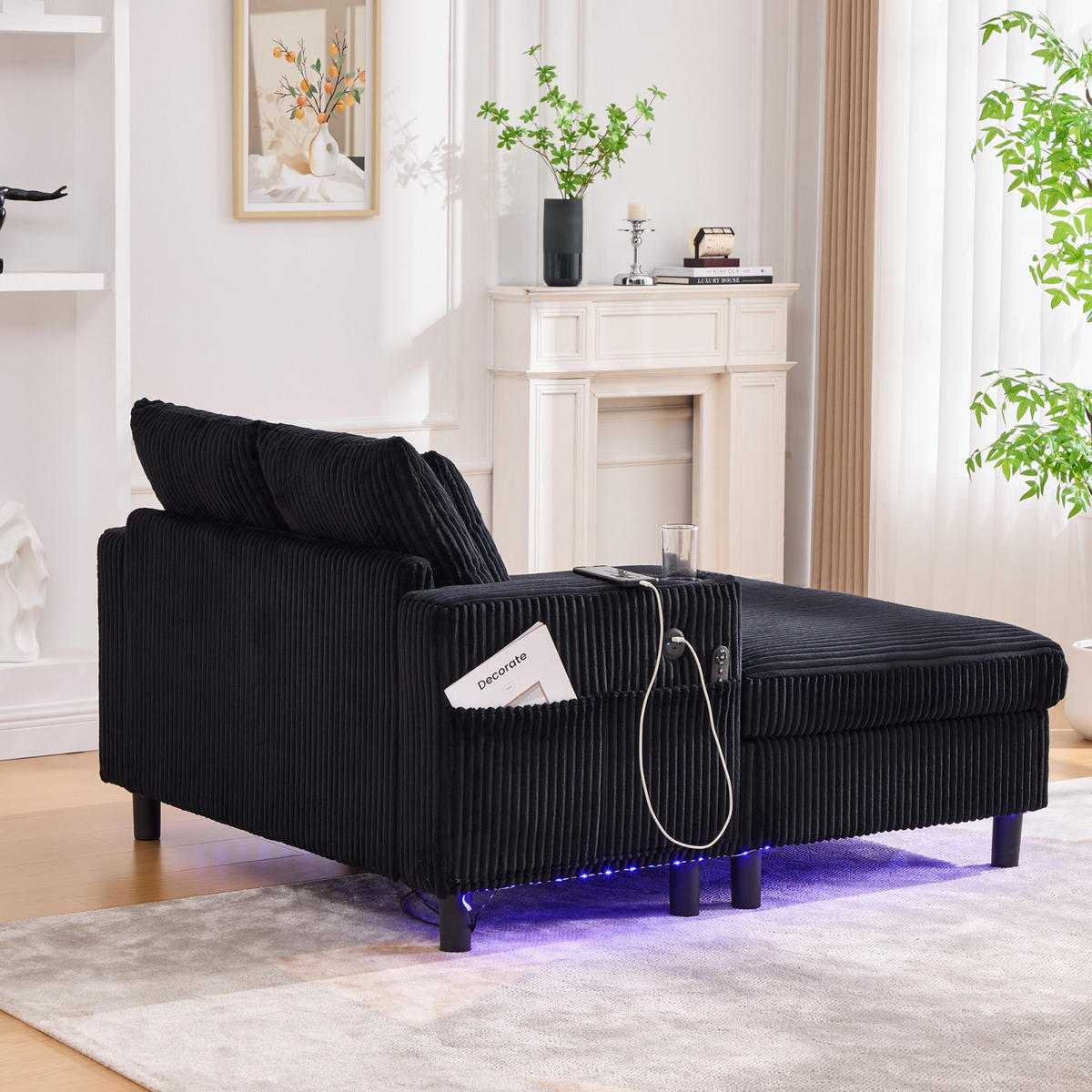 SCHLAFSOFA,SCHLAFCOUCH Schwarz, Cordbezug mit LED USB Anschluss Getränkehalter - Schwarz, Textil (142/85/128cm) - PARAFTA HOME