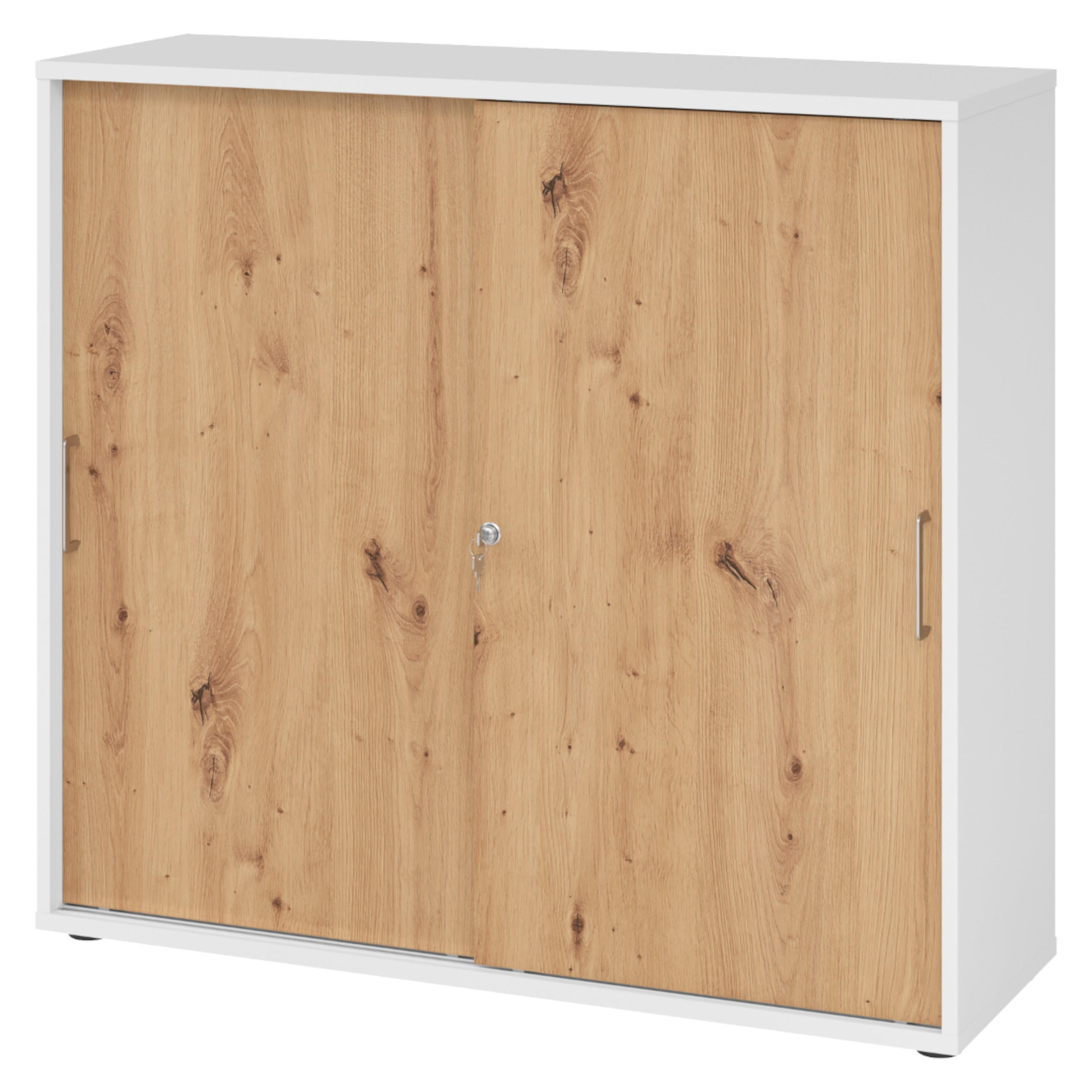 SCHIEBETÜRENSCHRANK - 3 Ordnerhöhen 40/120/110 cm in Weiß/Wildeiche Bügelgriff (Metall) - Wildeiche/Weiß, Holzwerkstoff (120/110/40cm) - bümö
