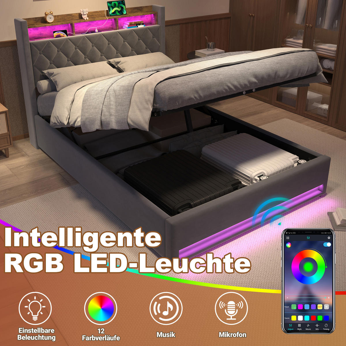 POLSTERBETT 140/200 cm in Grau Samt mit Bettkasten, LED-Beleuchtung und USB-Anschluss - Grau, Holzwerkstoff/Textil (140/200cm) - CHICFURN
