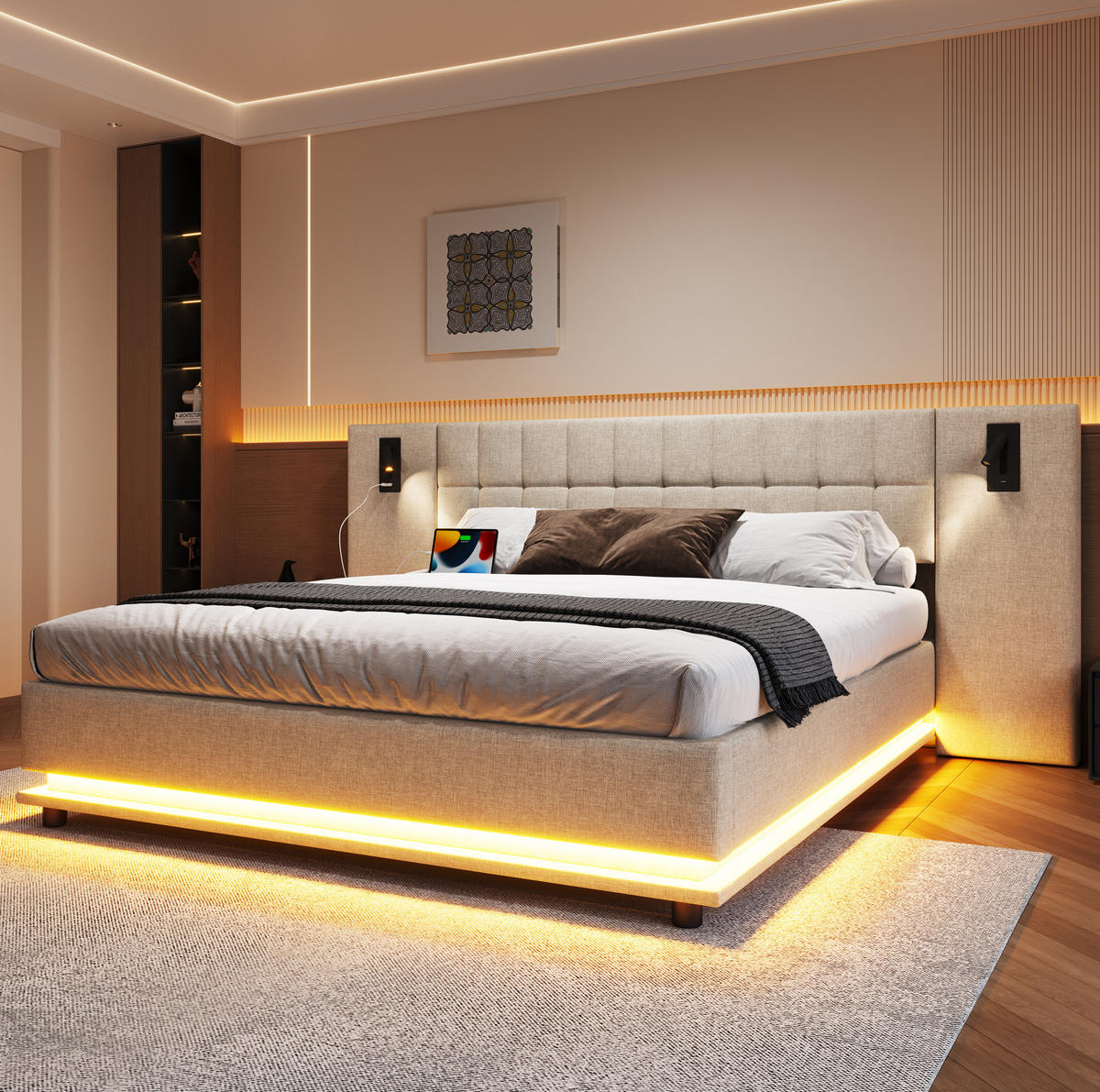 POLSTERBETT aus Leinen und MDF 180x200 cm Beige mit LED-Beleuchtung, Lesespot und USB-Anschluss - Beige, Textil (180/200cm) - IVMEU