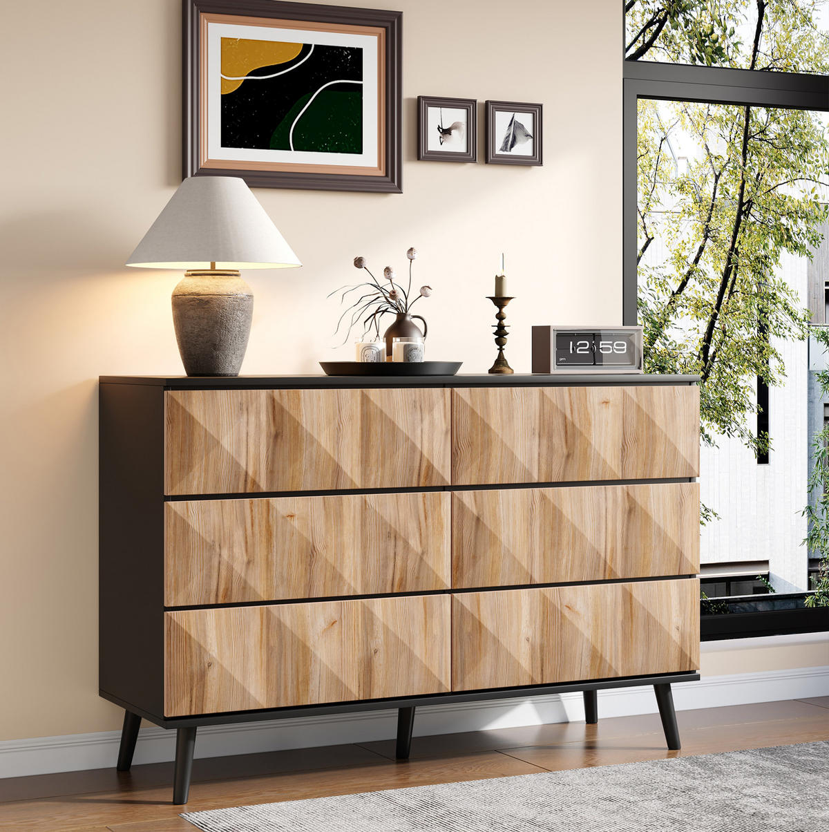 KOMODA, 120/40/85 cm, MDF a drevotrieska, čierna/prírodná, so 6 zásuvkami - prírodná farba, kompozitné drevo (40/85/120cm) - BEAOK
