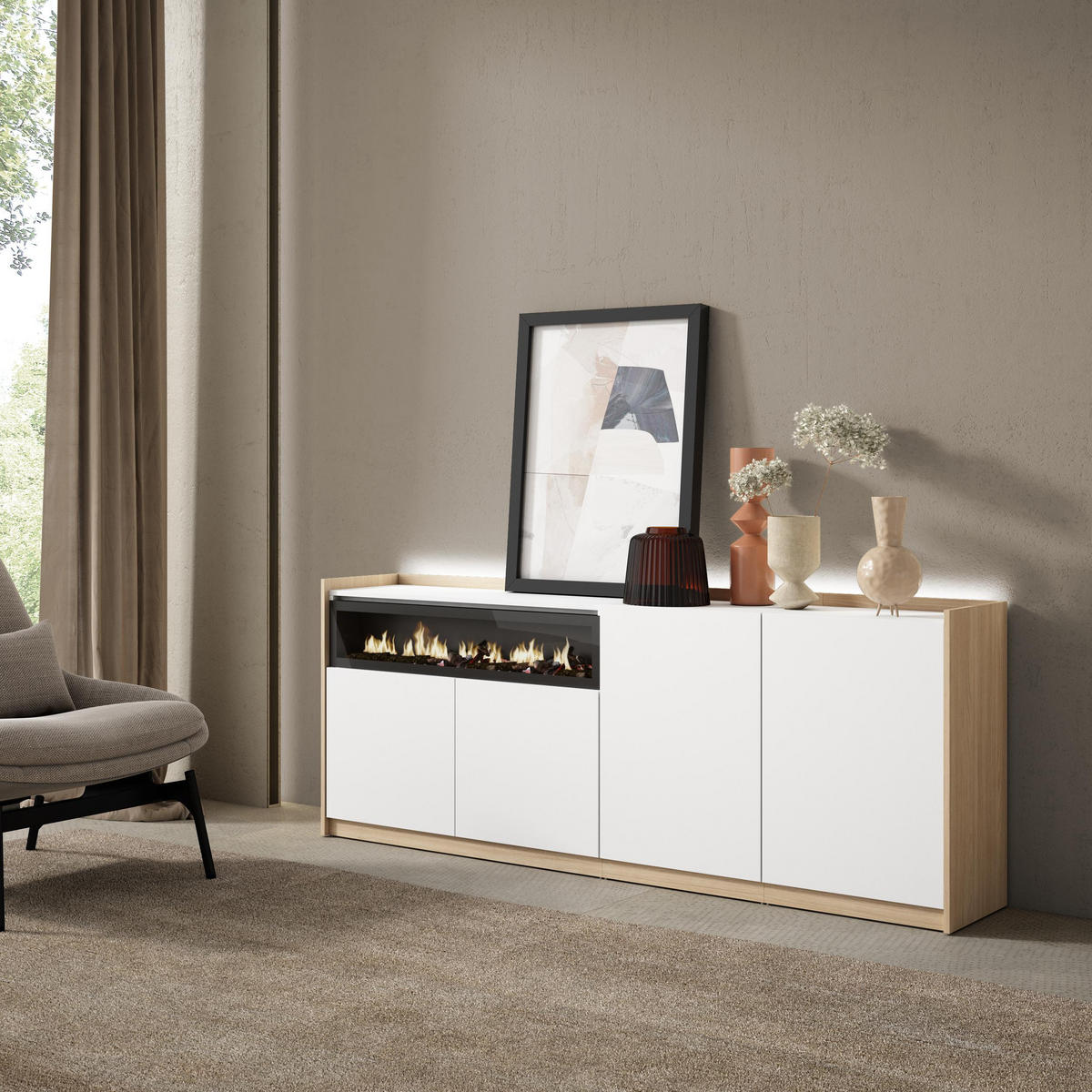 SIDEBOARD, Weiß und Eiche, 207/37/80cm, Kamin mit Feuereffekt - Weiß, Holzwerkstoff (207/80/37cm) - Skraut Home