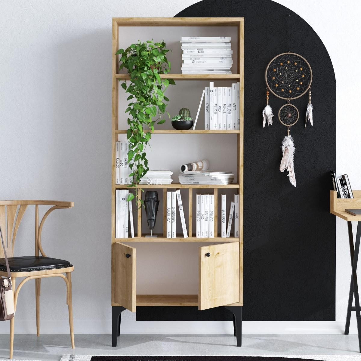 REGAL Bücherregal 8 Regale 2 Türen Eiche Saphir Dekor H175 cm - Pollux - Apfelbaumfarben, Holzwerkstoff (30/175/60cm) - Calicosy