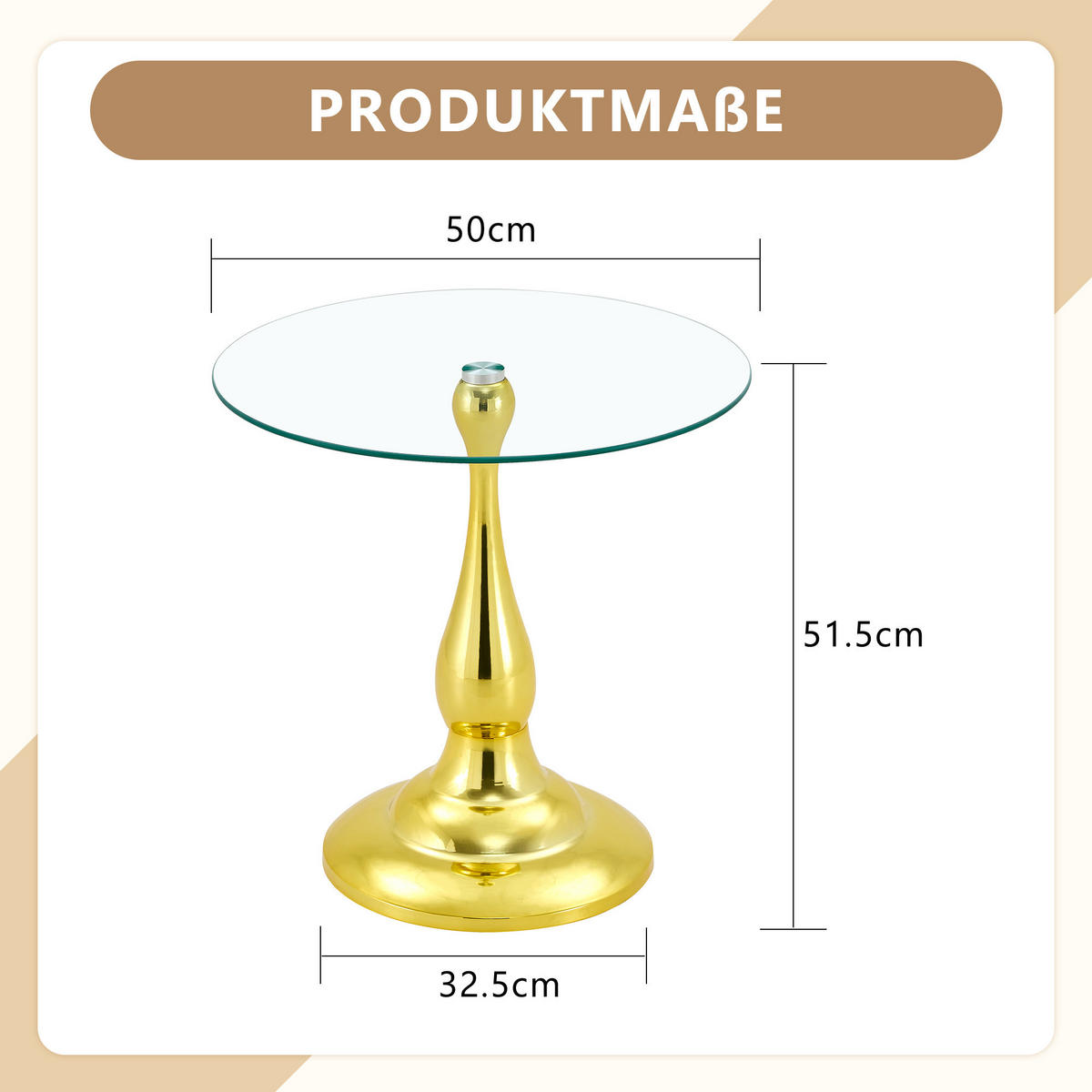 BEISTELLTISCH DE-37360 rund mit Glasplatte und geschwungenem Sockel Gold - Goldfarben, Metall (50/50/51.5cm) - ComfortXL
