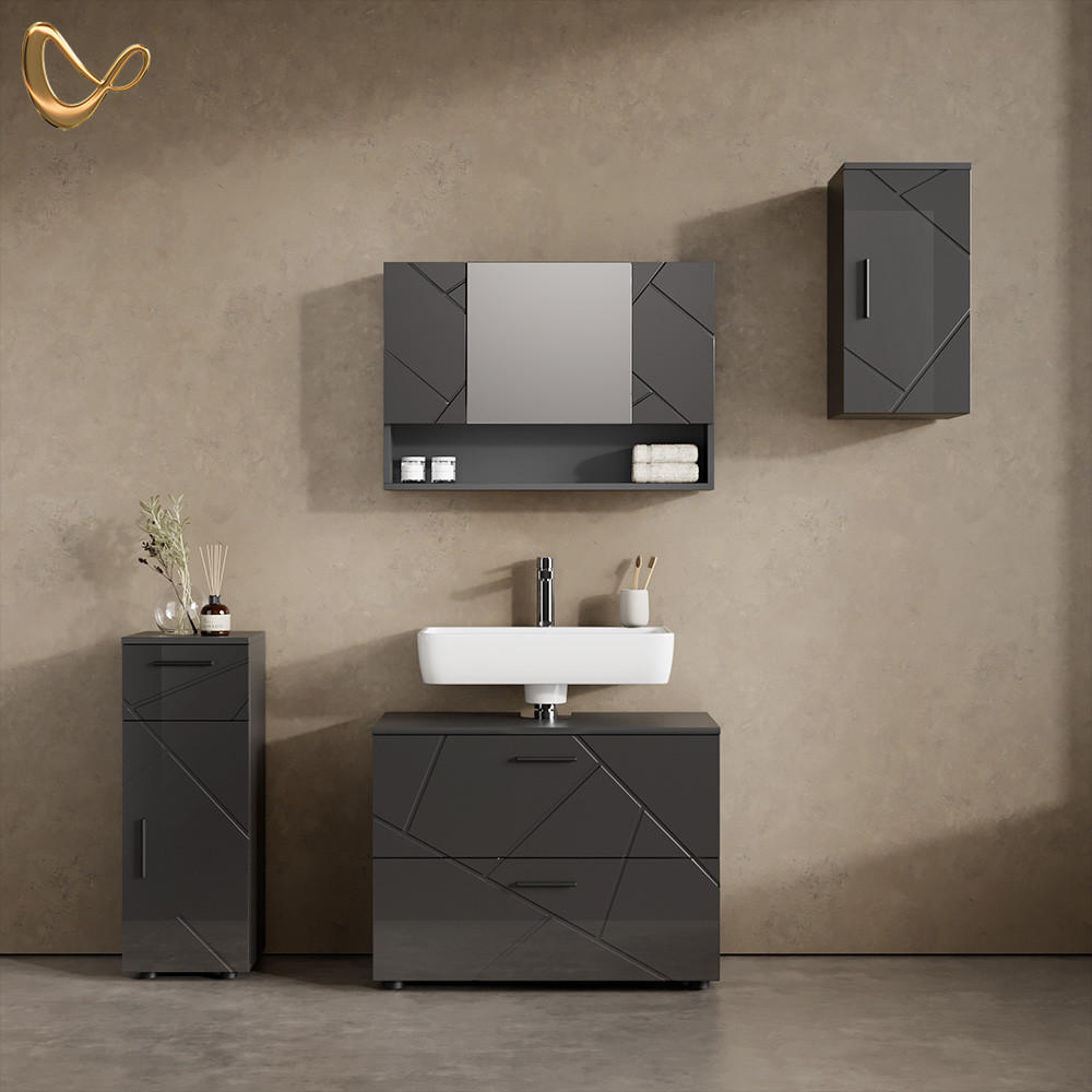 BADMÖBEL-SET Ronco Anthrazit Hochglanz 4 Teile - Schwarz Hochglanz/Anthrazit, Holzwerkstoff (41/80/58cm) - Livinity®