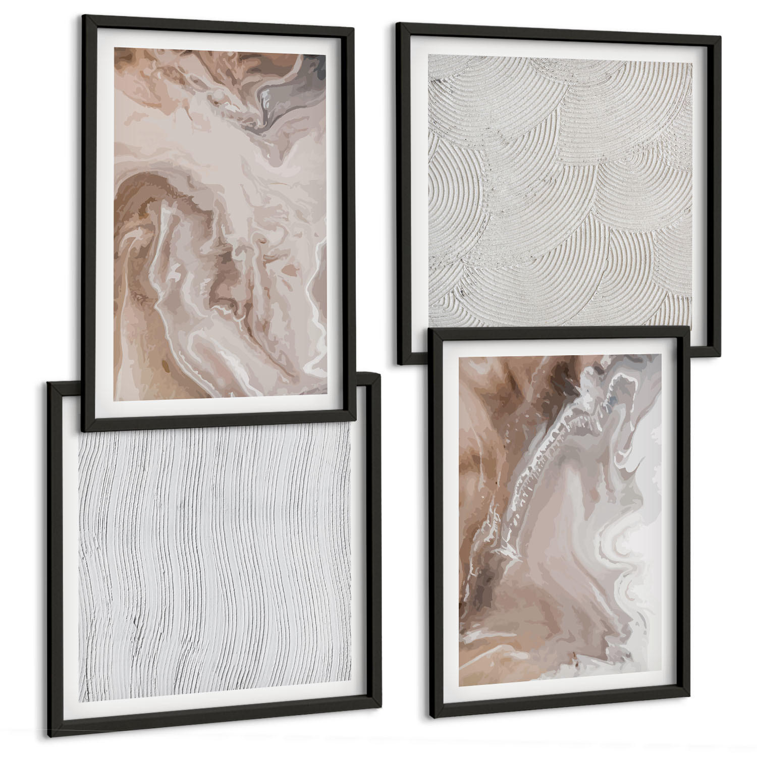 BILDER SET 4er Set - 50x50 cm & 40x60 cm Schwarzer Rahmen - Abstrakte Marmormuster aus Stein - Schwarz, Kunststoff (50/50cm) - TULUP