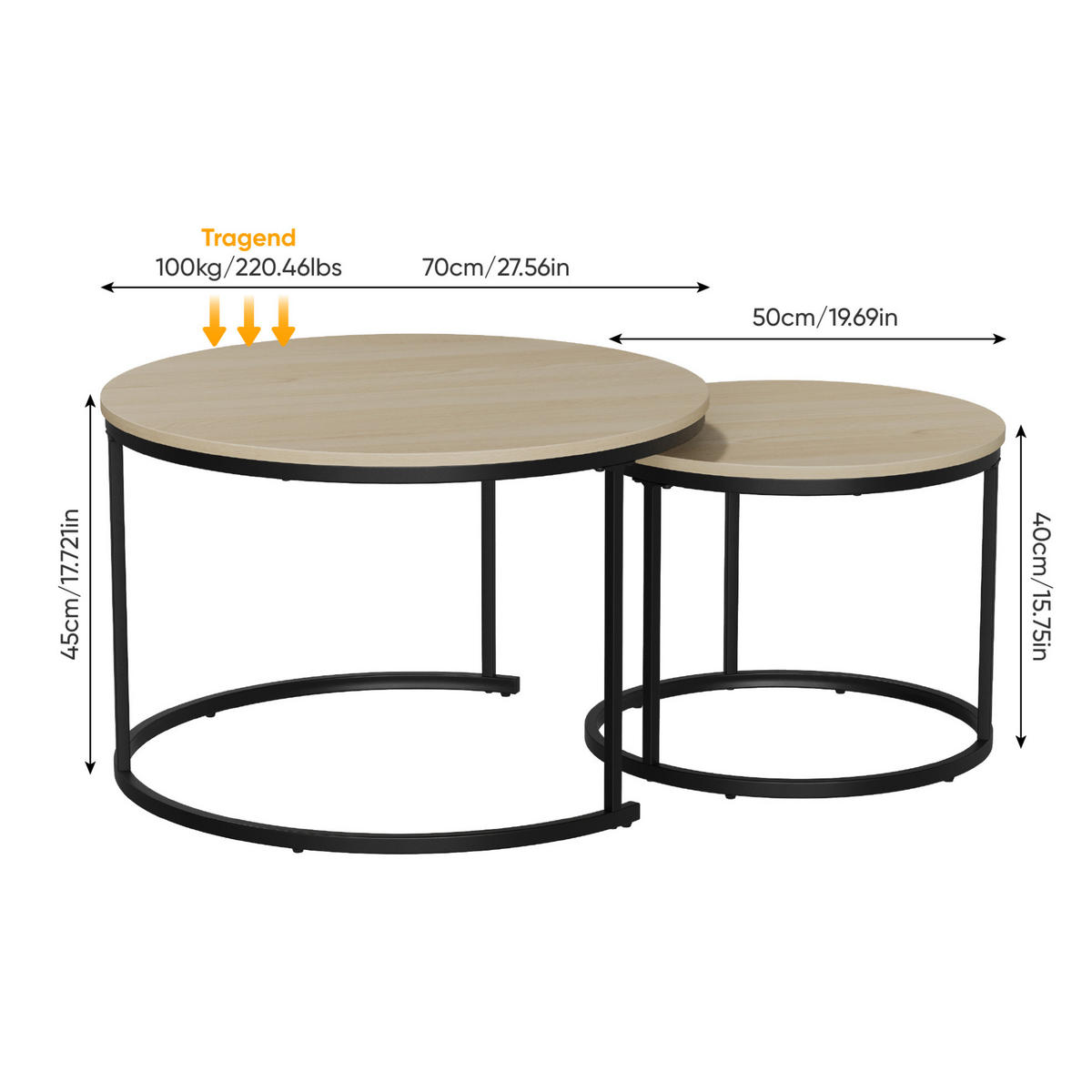 COUCHTISCH-SET 70/70/45 cm Eiche aus Spanplatte und Eisen - Eichefarben, Metall (70/70/45cm) - OKWISH