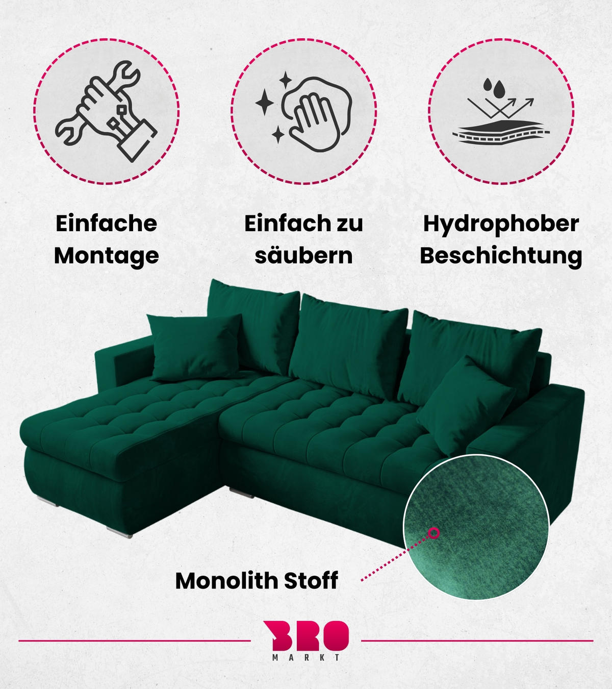 ECKSOFA Luis mit Schlaffunktion Flaschengrün Samt - Dunkelgrün/Silberfarben, Kunststoff/Textil (148/238cm) - Bromarkt