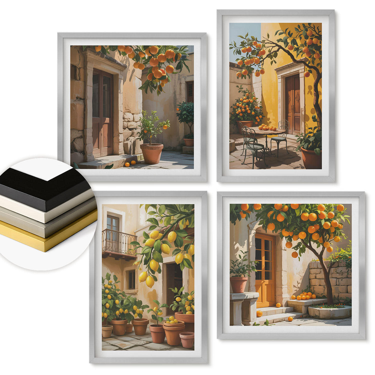 WANDBILDER 4er Set - 50x50 cm & 40x60 cm Silberner Rahmen - Zitrusfrüchte in der Sonne - Silberfarben, Kunststoff (50/50cm) - ArtPrintCave