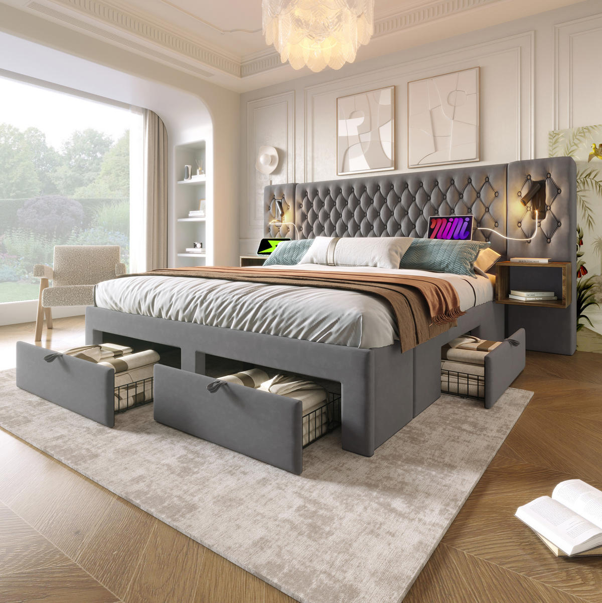 POLSTERBETT 160/200 cm Grau aus Samt mit 2 Nachttischen und 4 Schubladen - Grau, Textil (160/200cm) - OKMYHOME