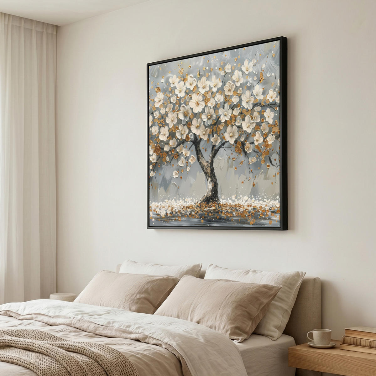 LEINWAND Bilder mit Rahmen - Baum - Blumen - Weiß - Natur - Kunst - 90x90 - Weiß, Textil (90/90cm) - MuchoWow