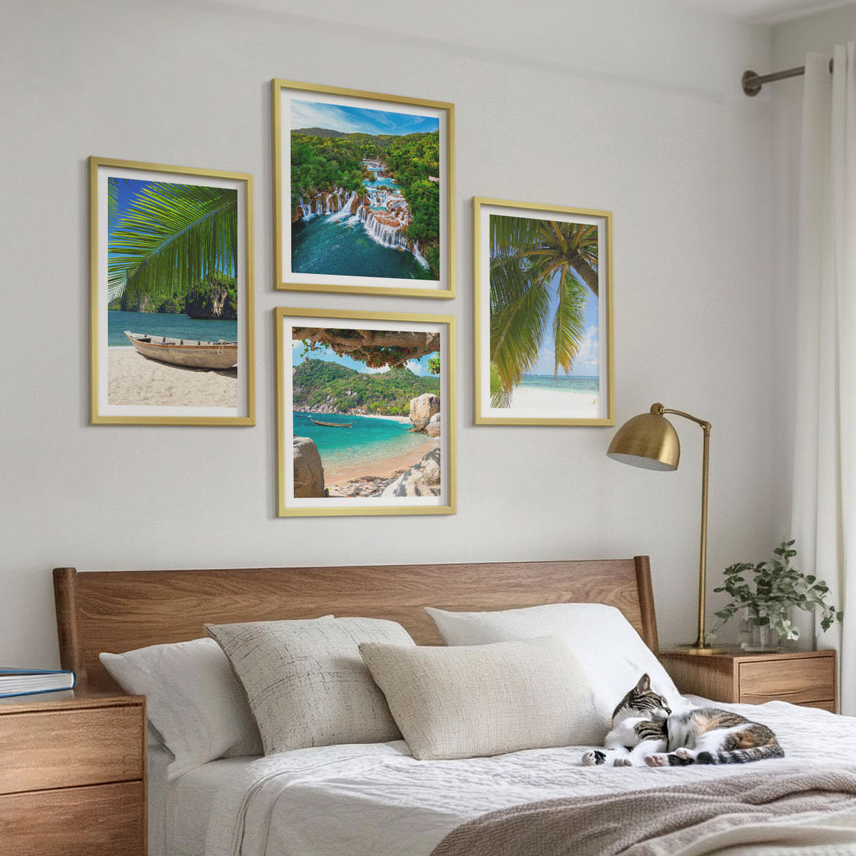 WANDBILDER 4er Set - 50x50 cm & 40x60 cm Goldrahmen - Strand, Boot, Wasserfälle, Palmen - Goldfarben, Kunststoff (50/50cm) - ArtPrintCave