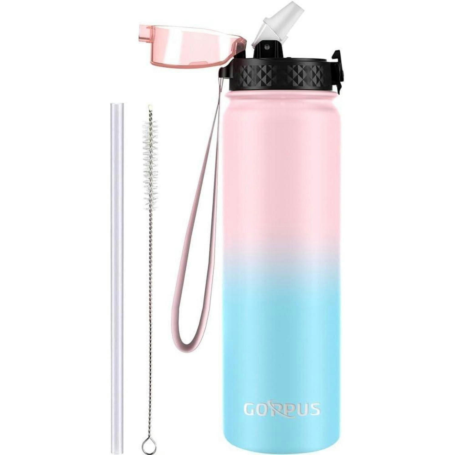 TRINKFLASCHE mit Strohhalm 1000 ml Edelstahl Auslaufsicher Rosa Blau - Rosa, Metall (8/8cm)