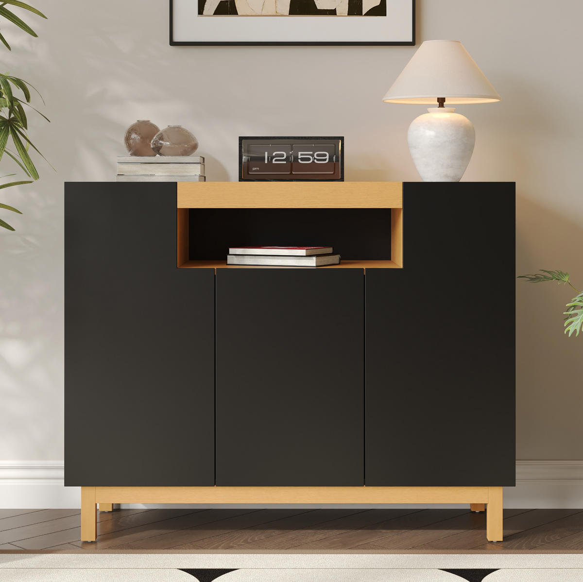 SIDEBOARD aus Spanplatte 120,5x42x96 cm Schwarz mit 3 Türen und offenem Mittelfach - Schwarz, Holzwerkstoff (120.5/96/42cm) - IVMEU