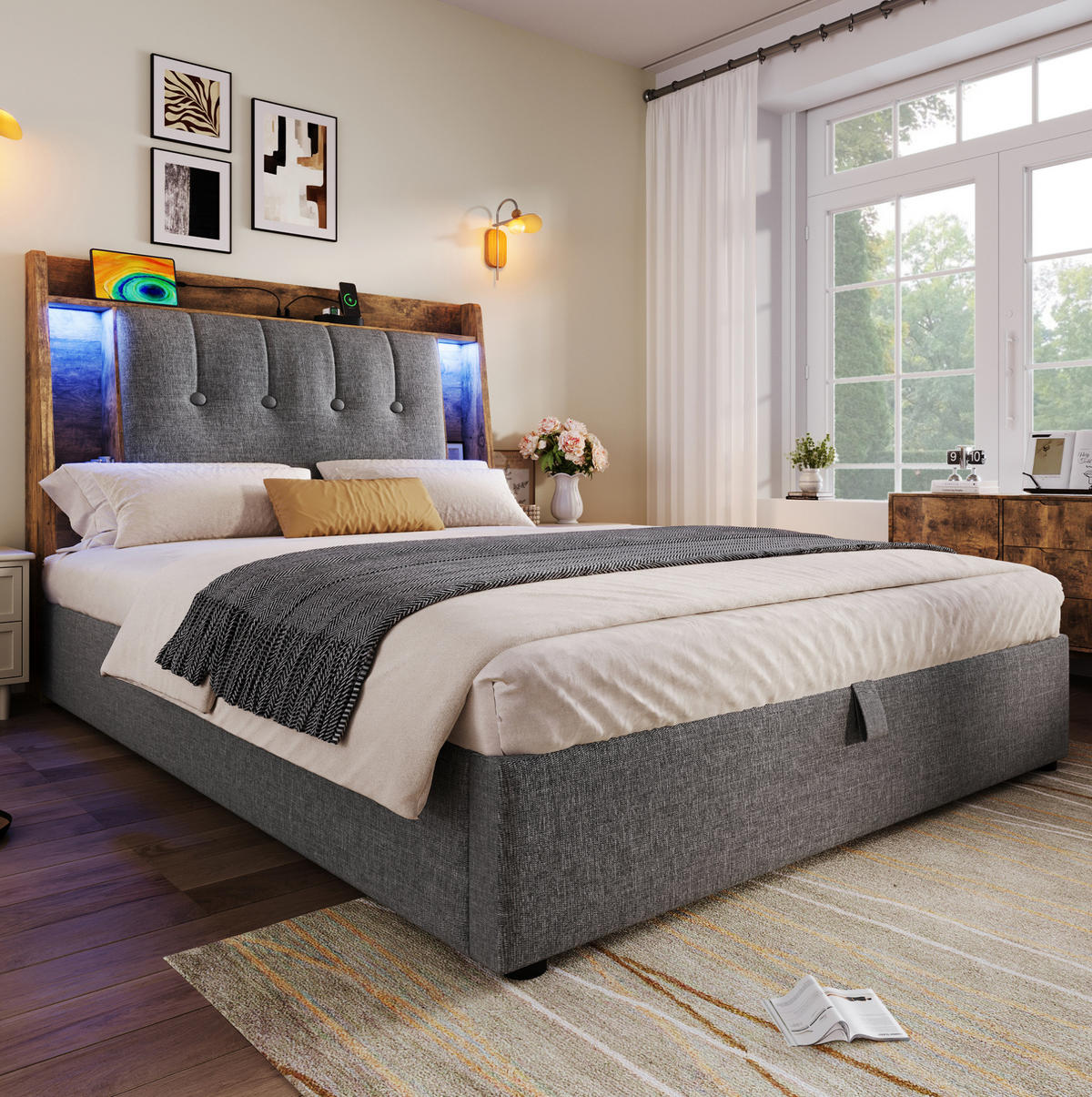 POLSTERBETT 90/200 cm Grau aus Leinen und MDF mit LED-Beleuchtung - Grau, Textil (90/200cm) - OKMYHOME